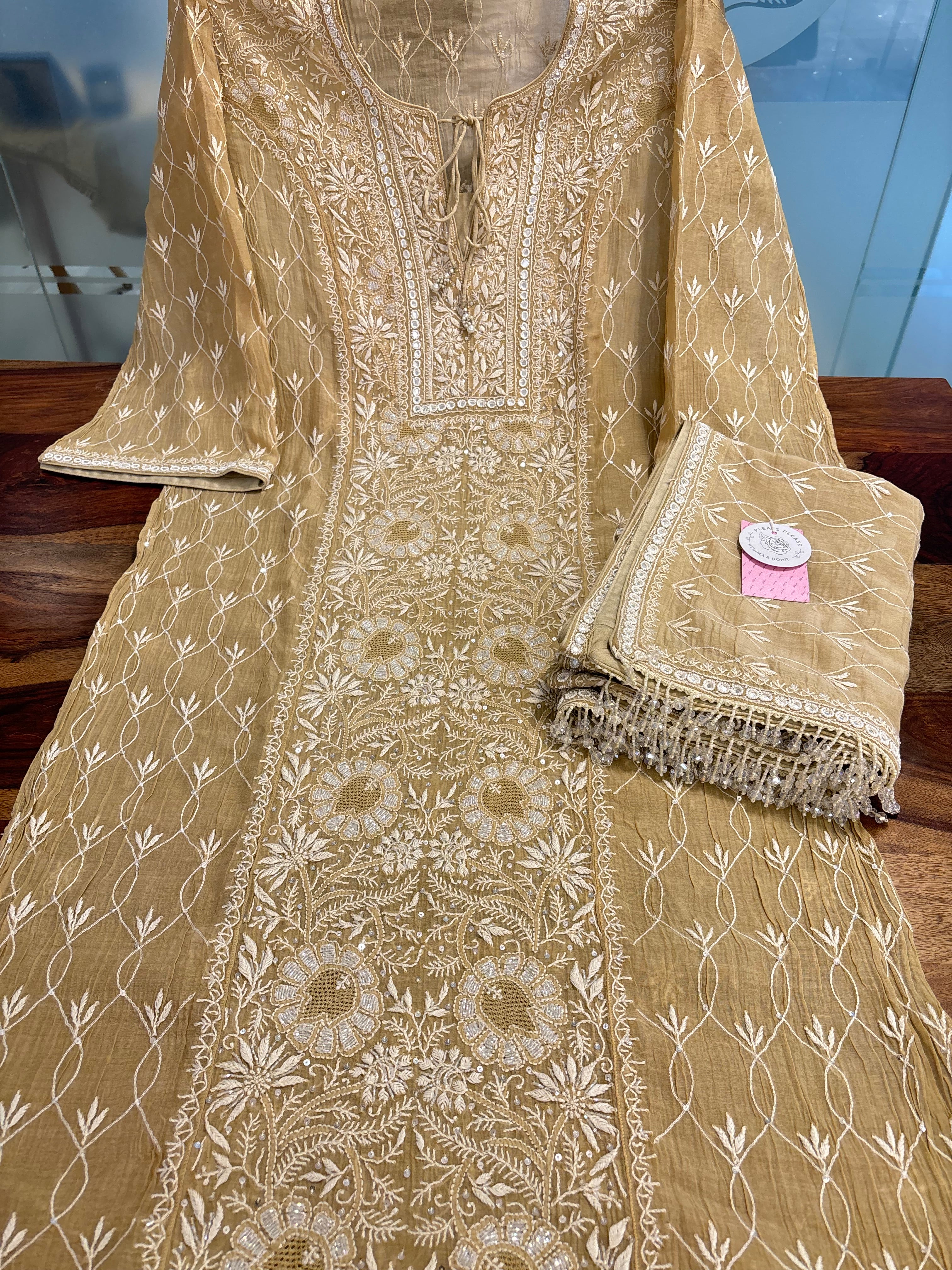 Beige Chanderi Chikankari Kurta & Dupatta