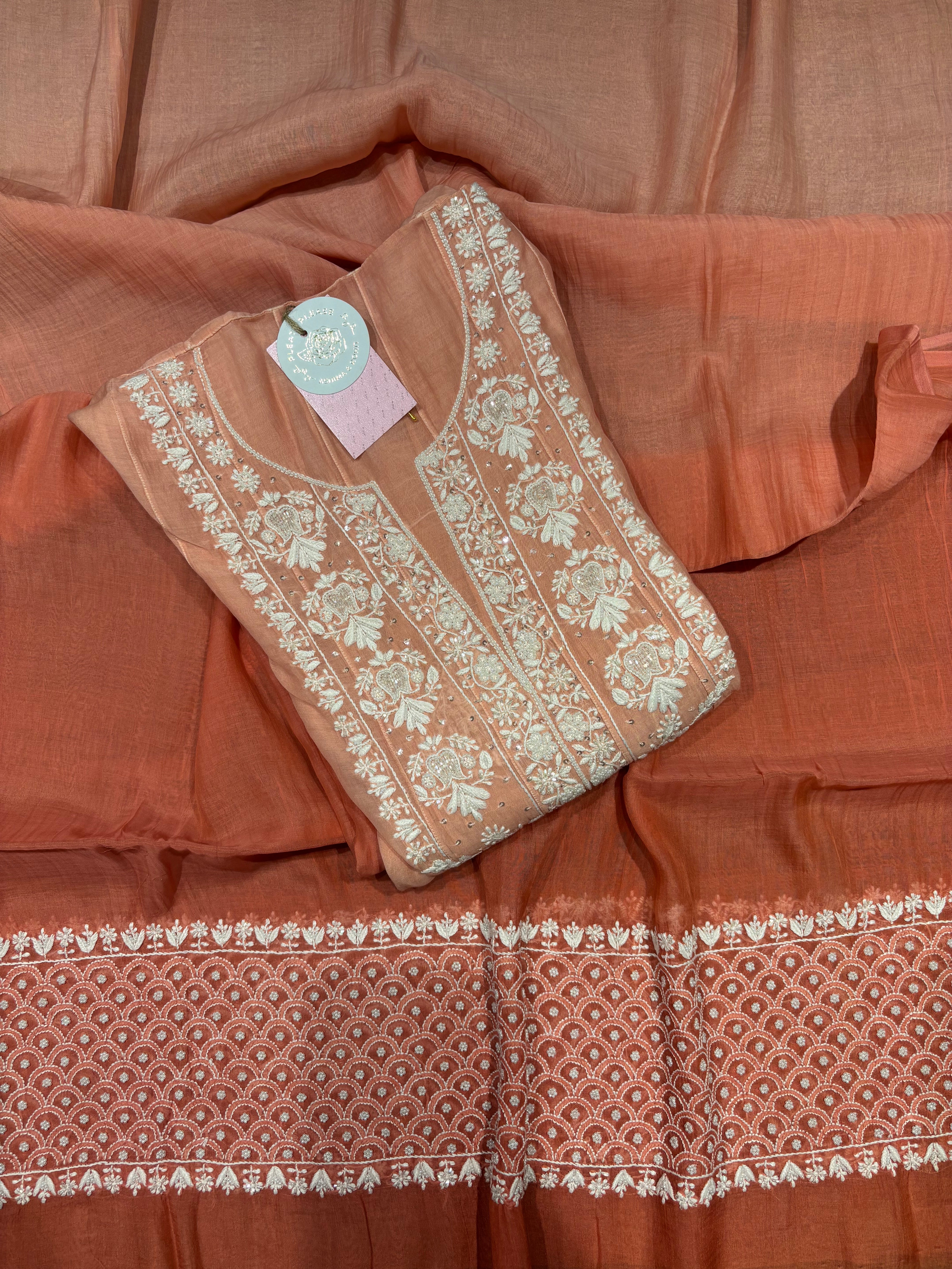 Coral Pink Ombre Chanderi Mul Chikankari Anarkali & Dupatta Set