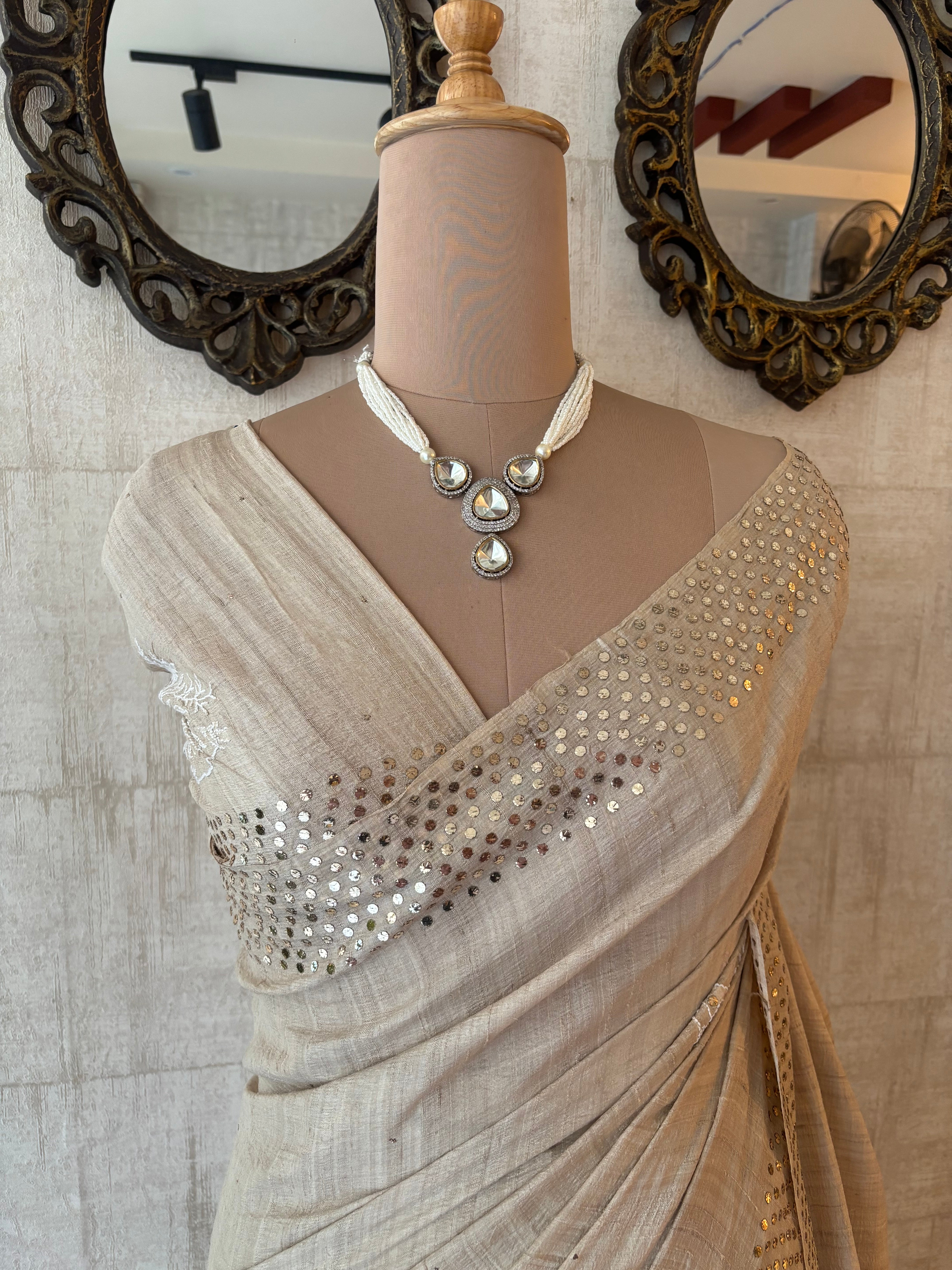 Dyeable Pure and Premium Tussar Silk Chikankari & Mukaish Saree and Blouse