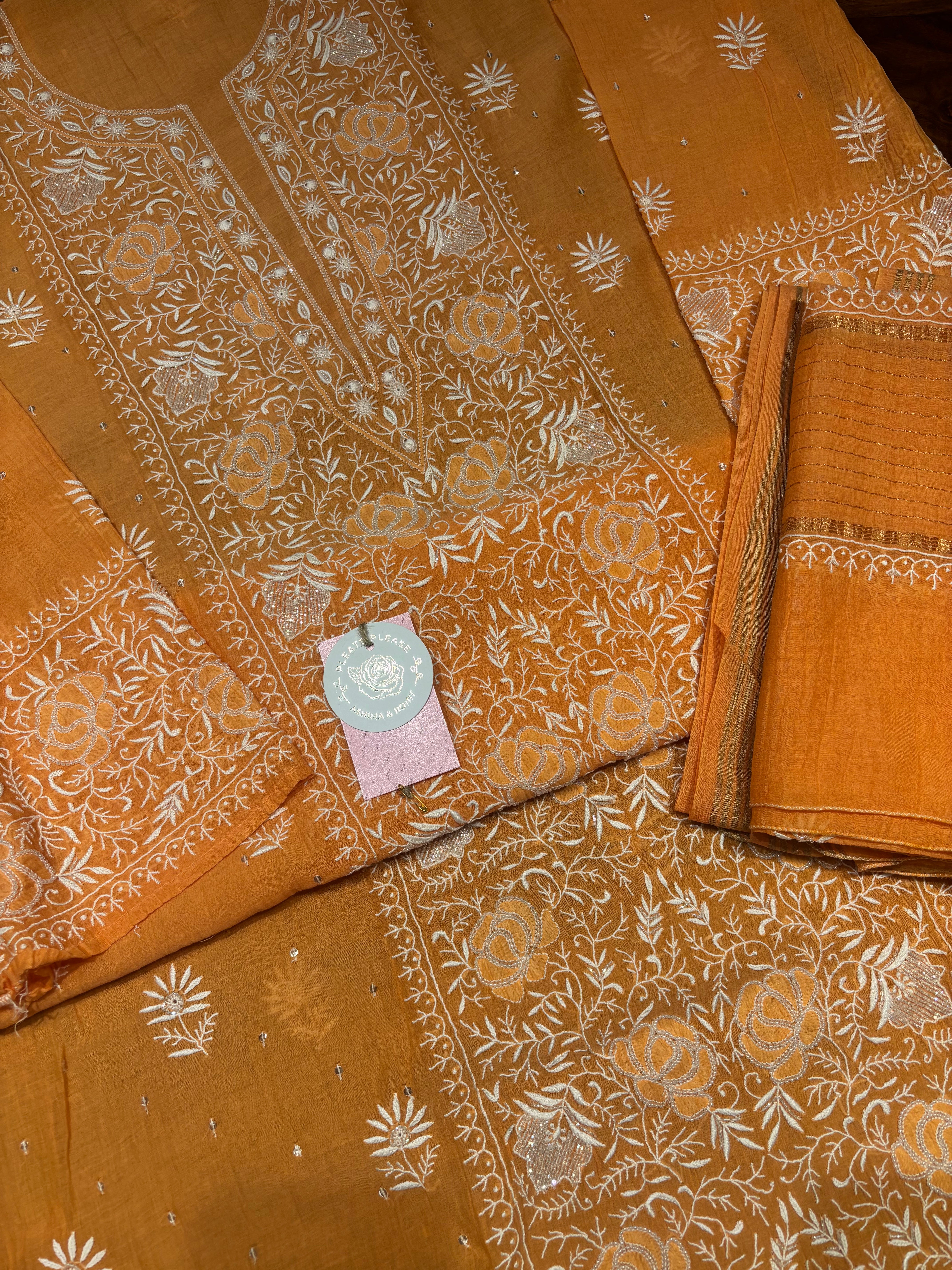 Orange Chanderi Mul Chikankari Kurta and Dupatta Set