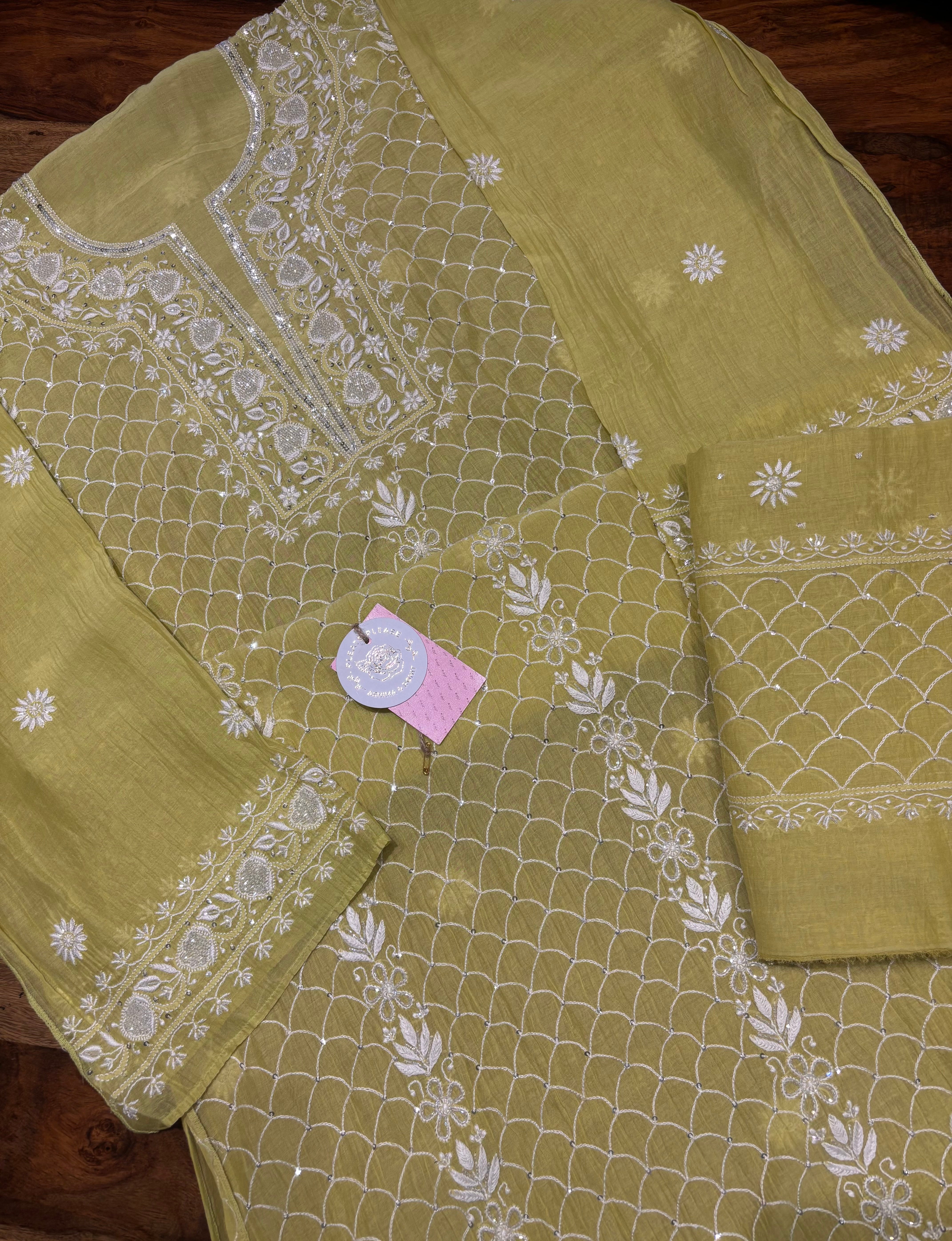 Neon Green Chanderi Mul Chikankari Kurta & Dupatta Set
