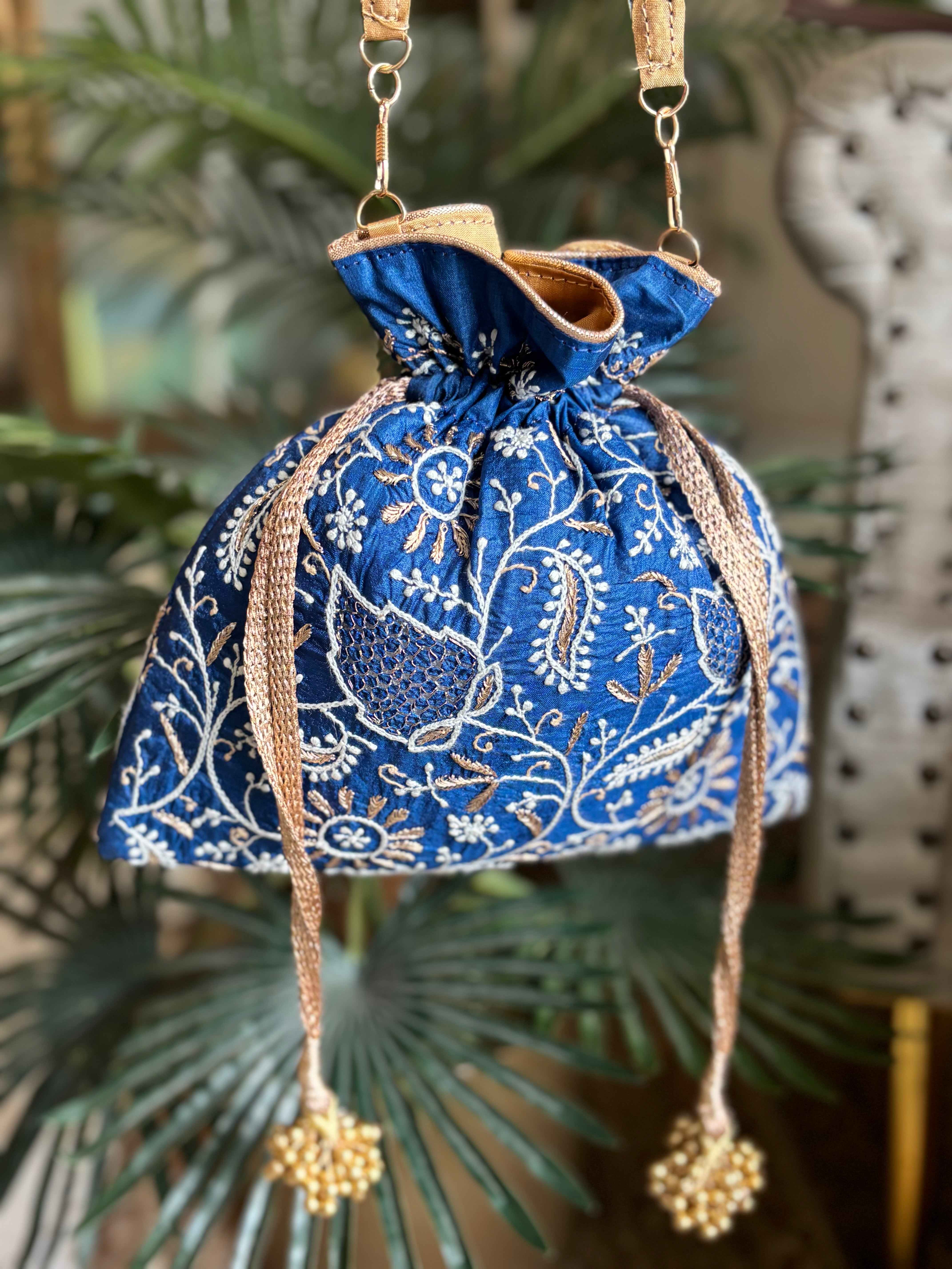 Blue Silk Chikankari Potli