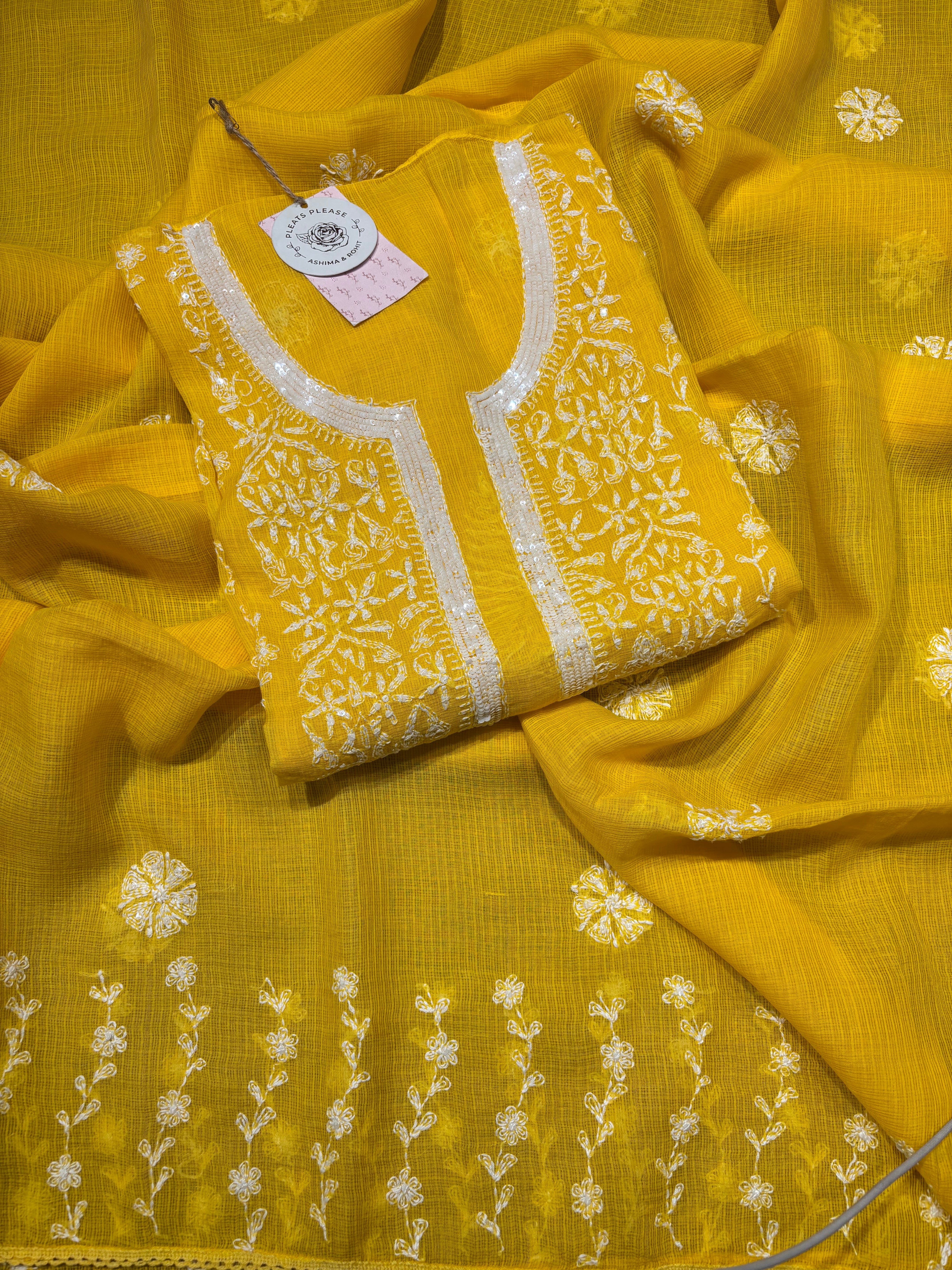 Yellow Kota Chikankari Kurta and Dupatta