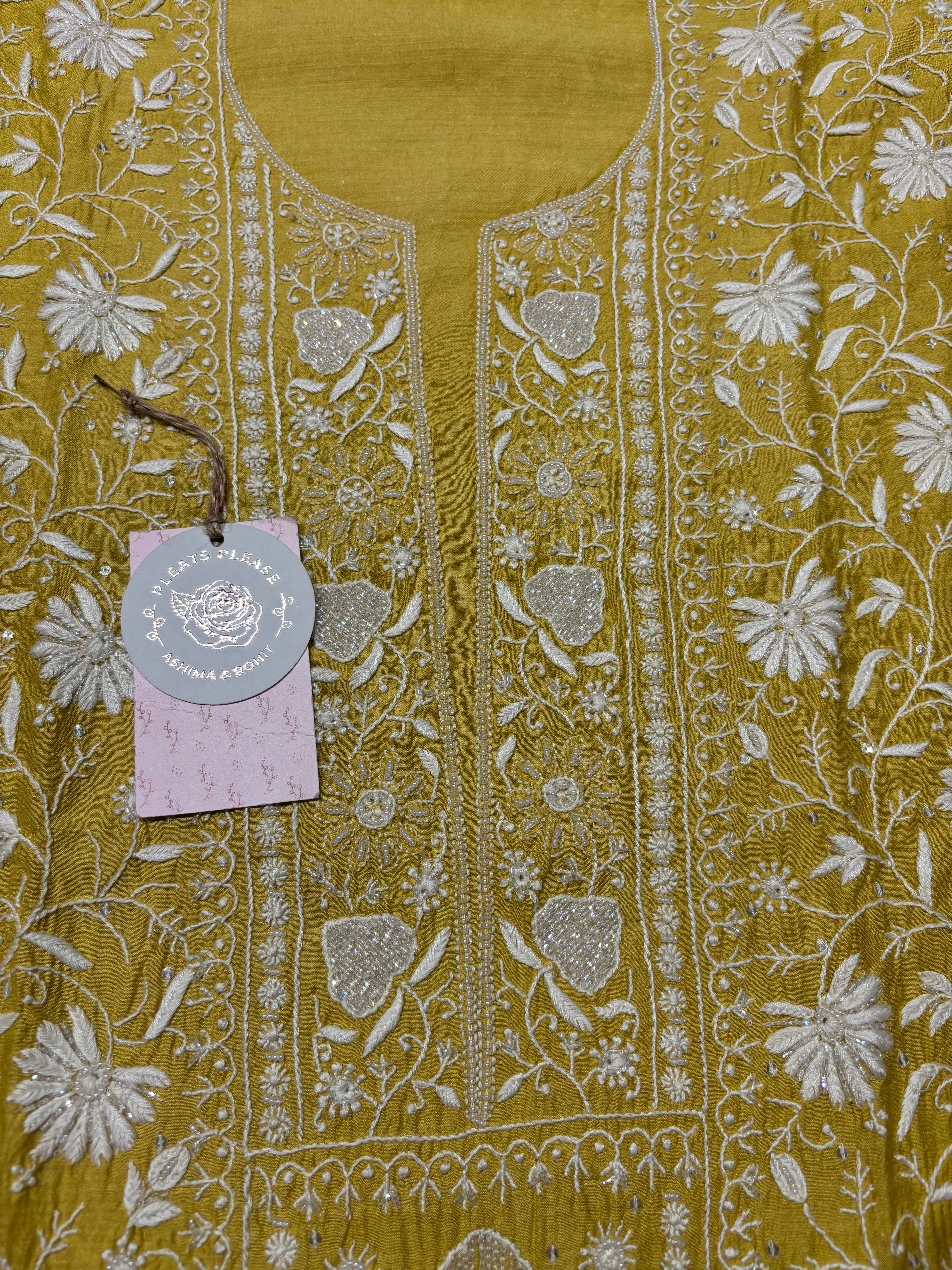Yellow Monga Silk Chikankari Kurta and Dupatta set