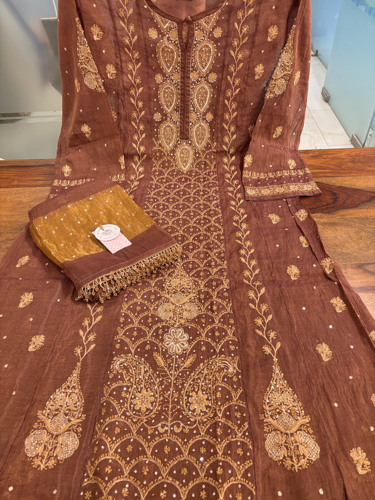 Walnut Brown Pure & Premium Tissue Chikankari Kurta & Dupatta
