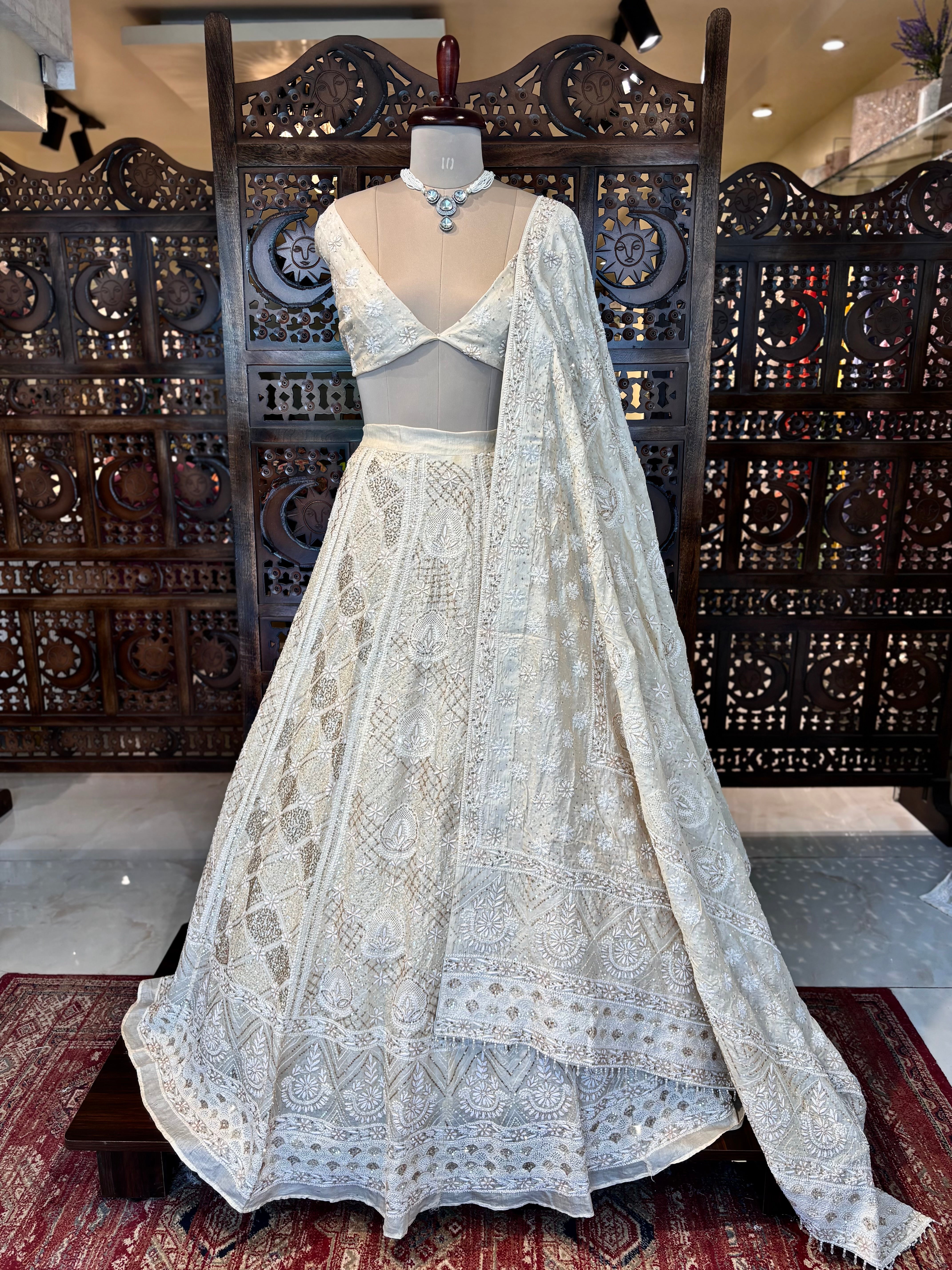 Ivory Pure & Premium Silk Chikankari Jaal Lehenga & Dupatta Set