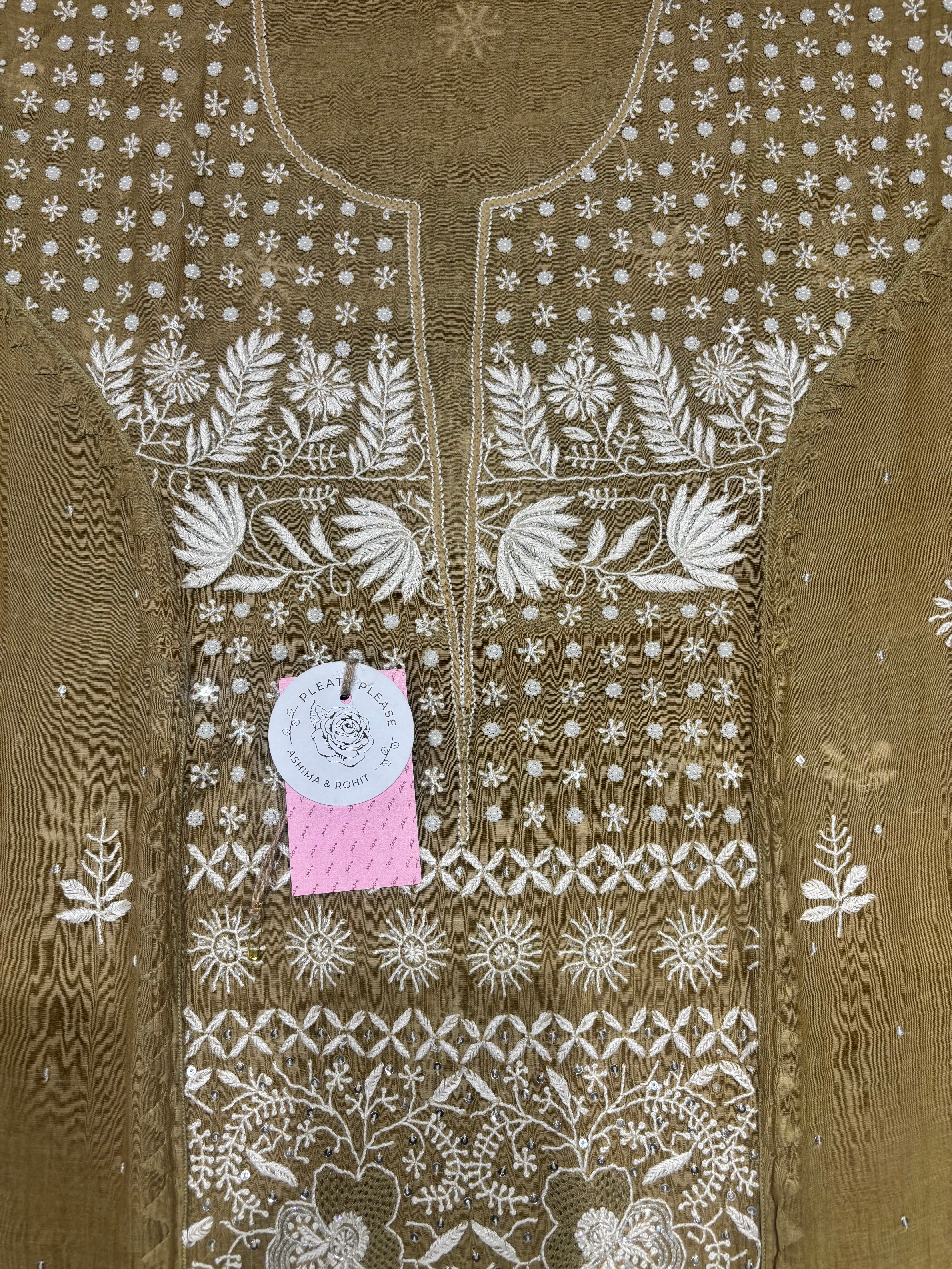 Military Green Chanderi Mul Chikankari Kurta and Dupatta Set