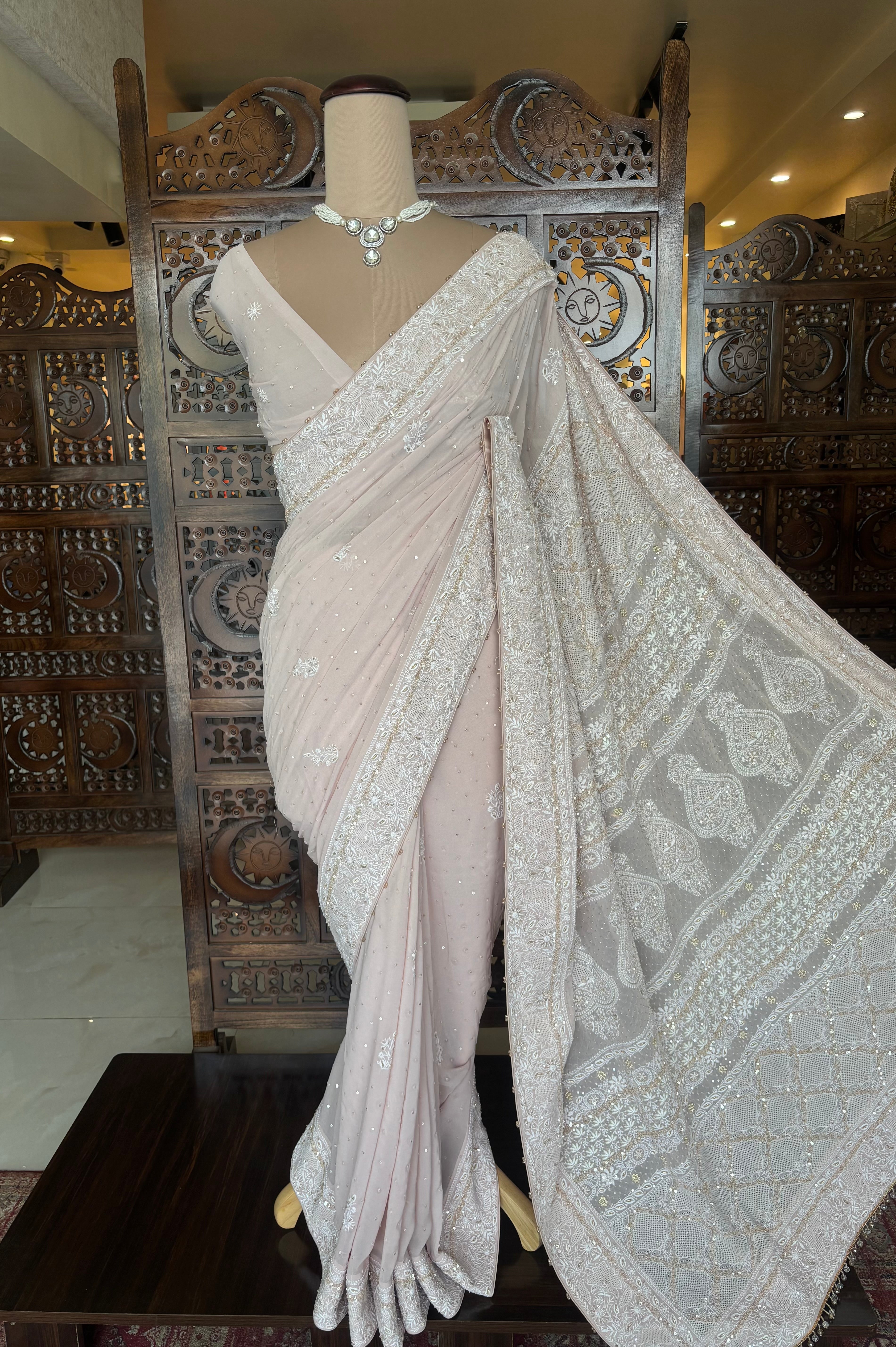 Baby Pink Pure & Premium Georgette Chikankari Zardozi Saree - Pleats PleaseChikankari