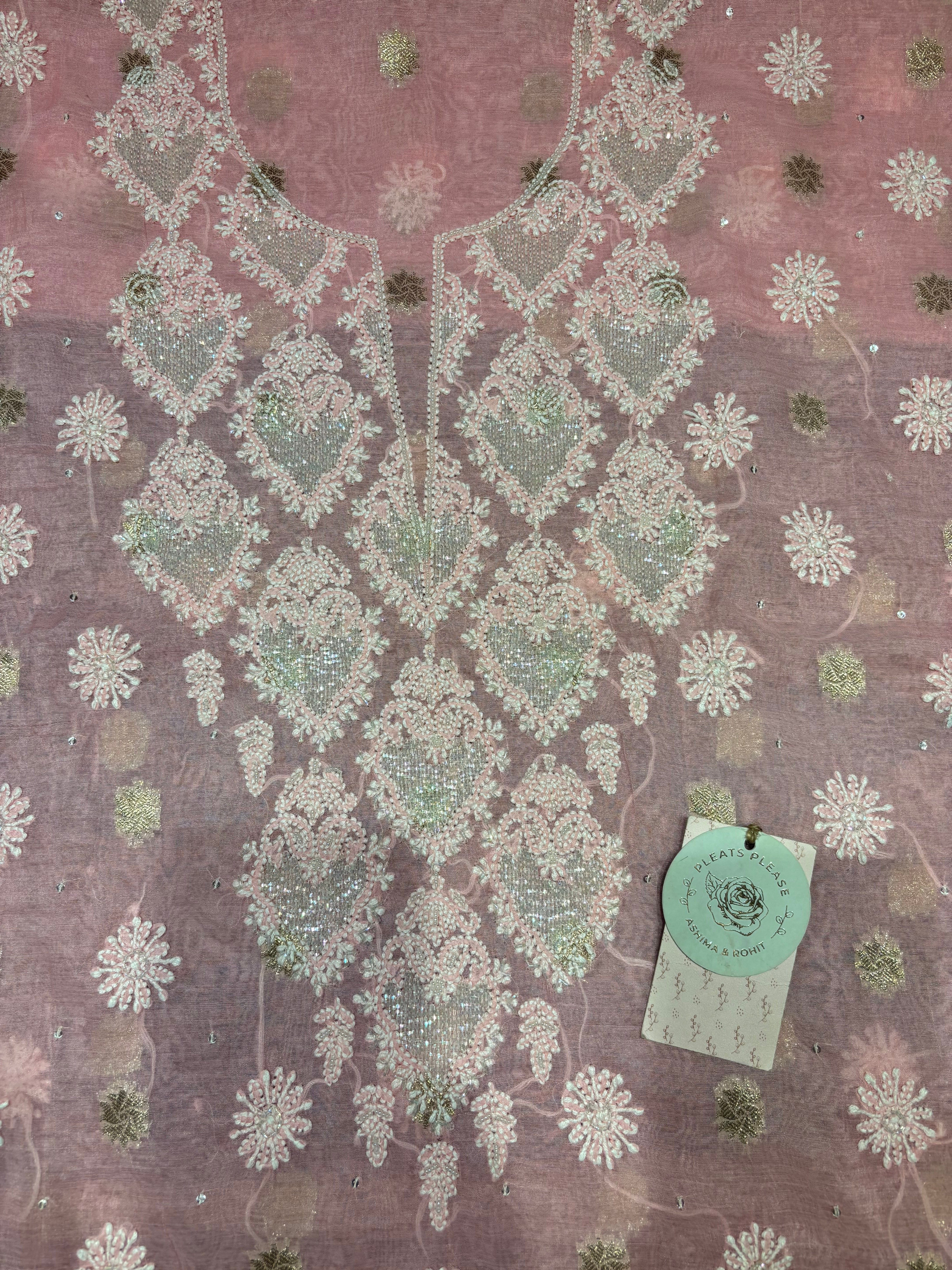 Pink Chanderi Silk Chikankari Kurta & Dupatta Fabric