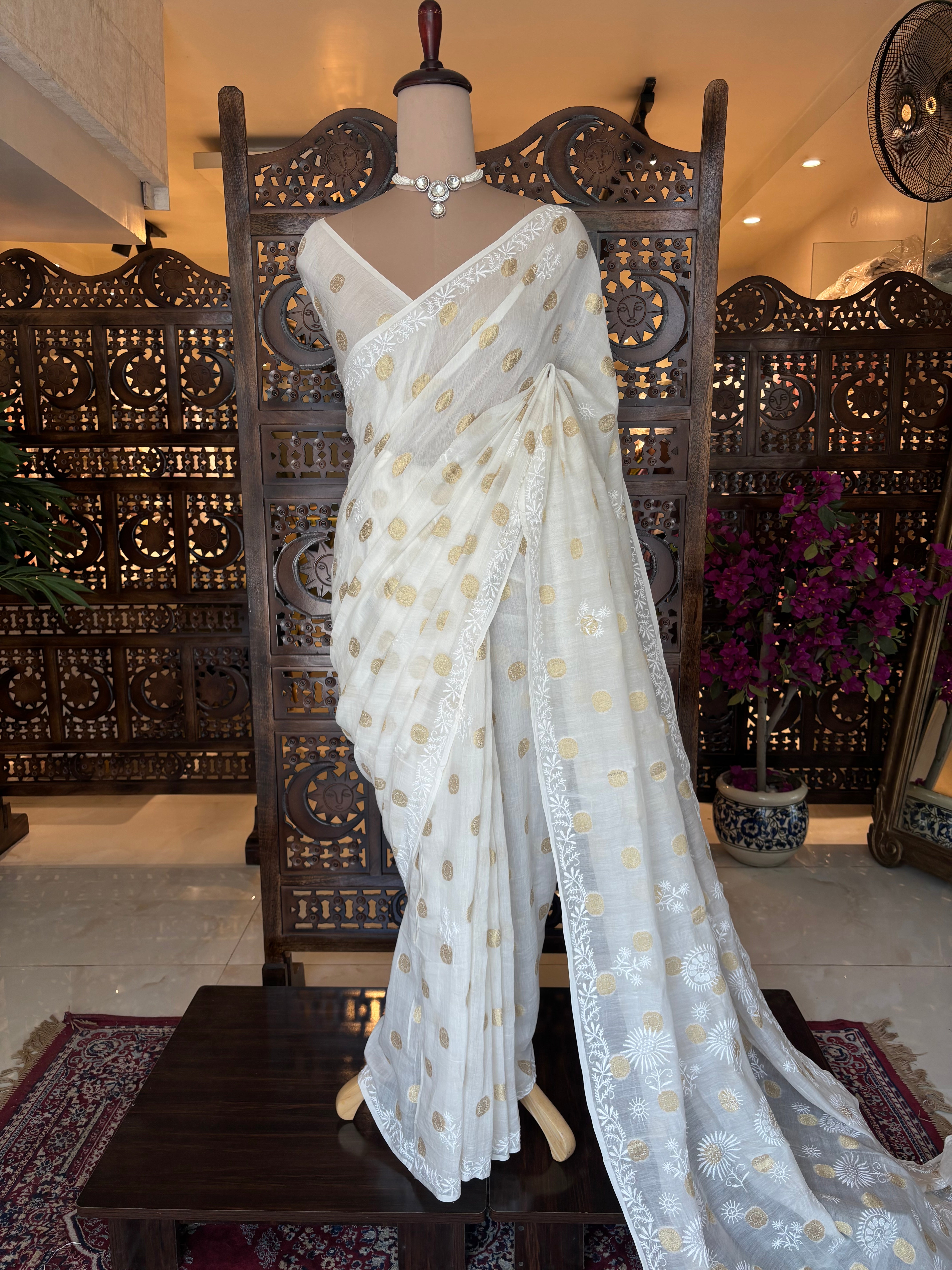 Dyeable Pure Chanderi Mul With Banarasi Boota Chikankari Saree