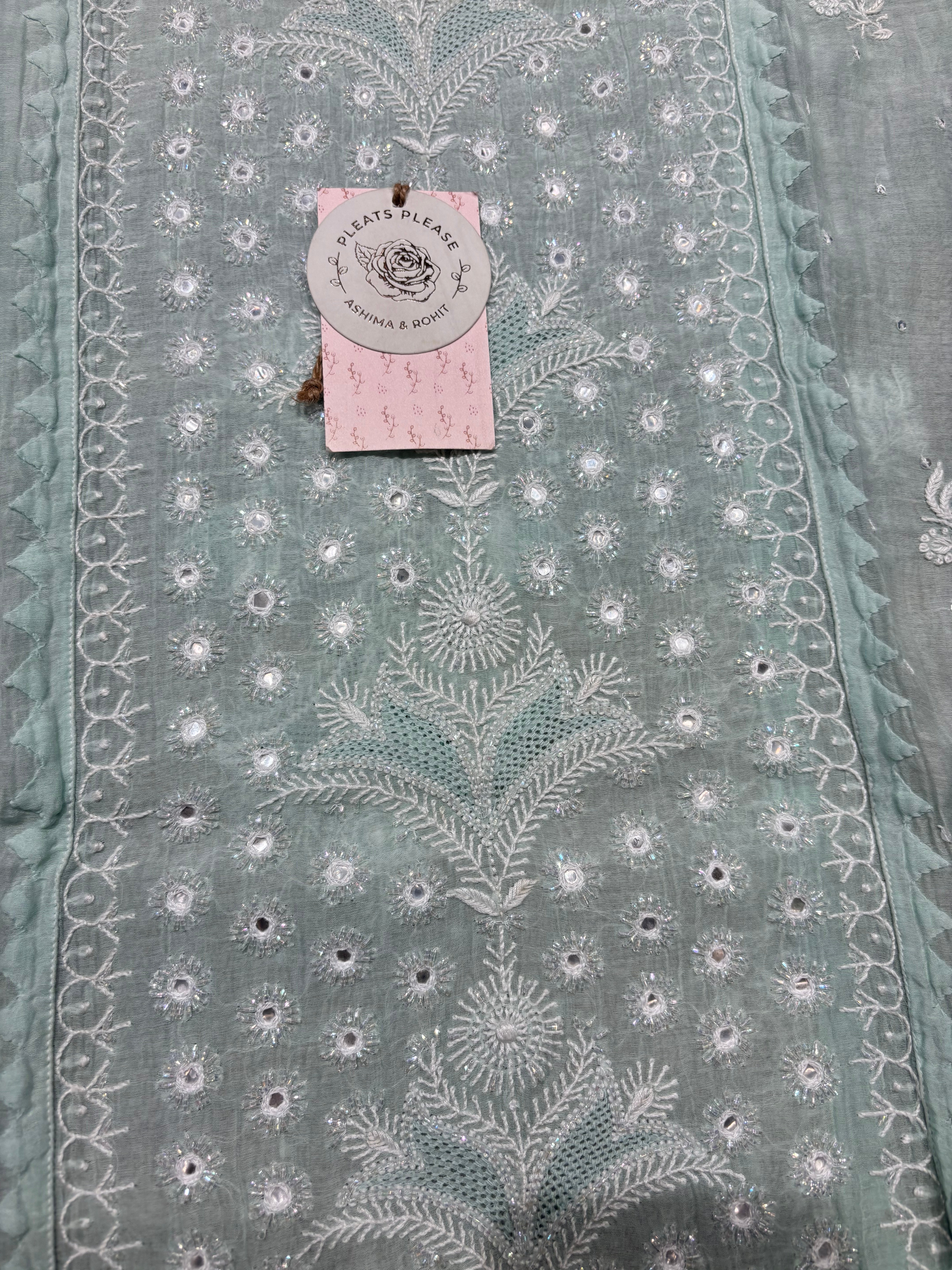 Mint Green Chanderi Mul Chikankari Kurta and Dupatta Set