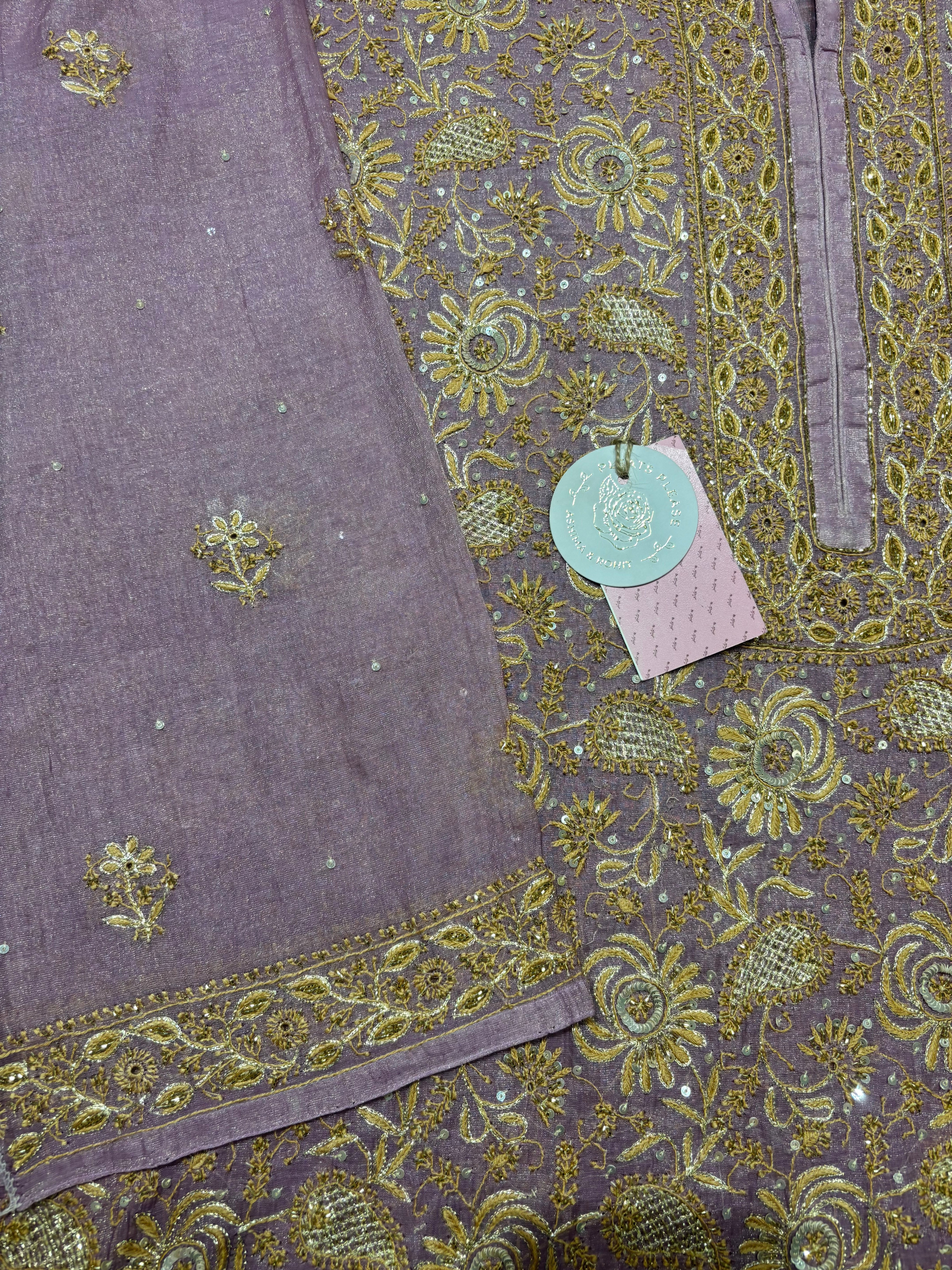 Lavender Pure & Premium Tissue Chikankari Kurta & Dupatta Set