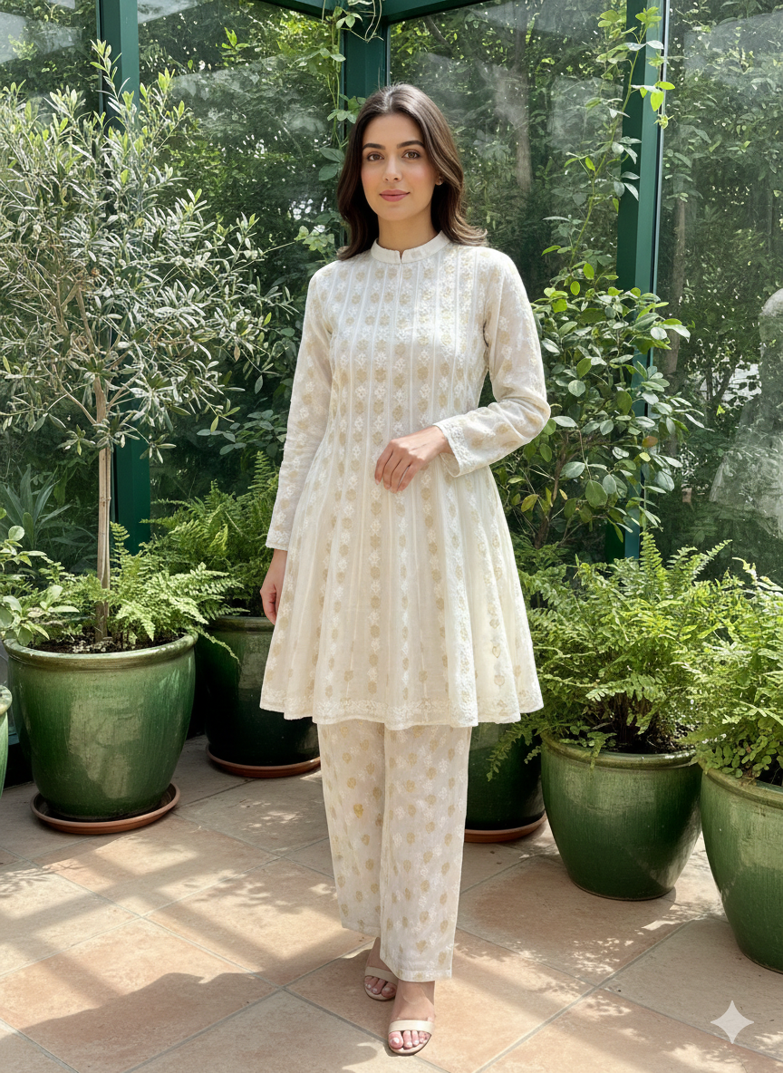 Dyeable Pure Chanderi Silk Chikankari Kalidaar Co-ord Set