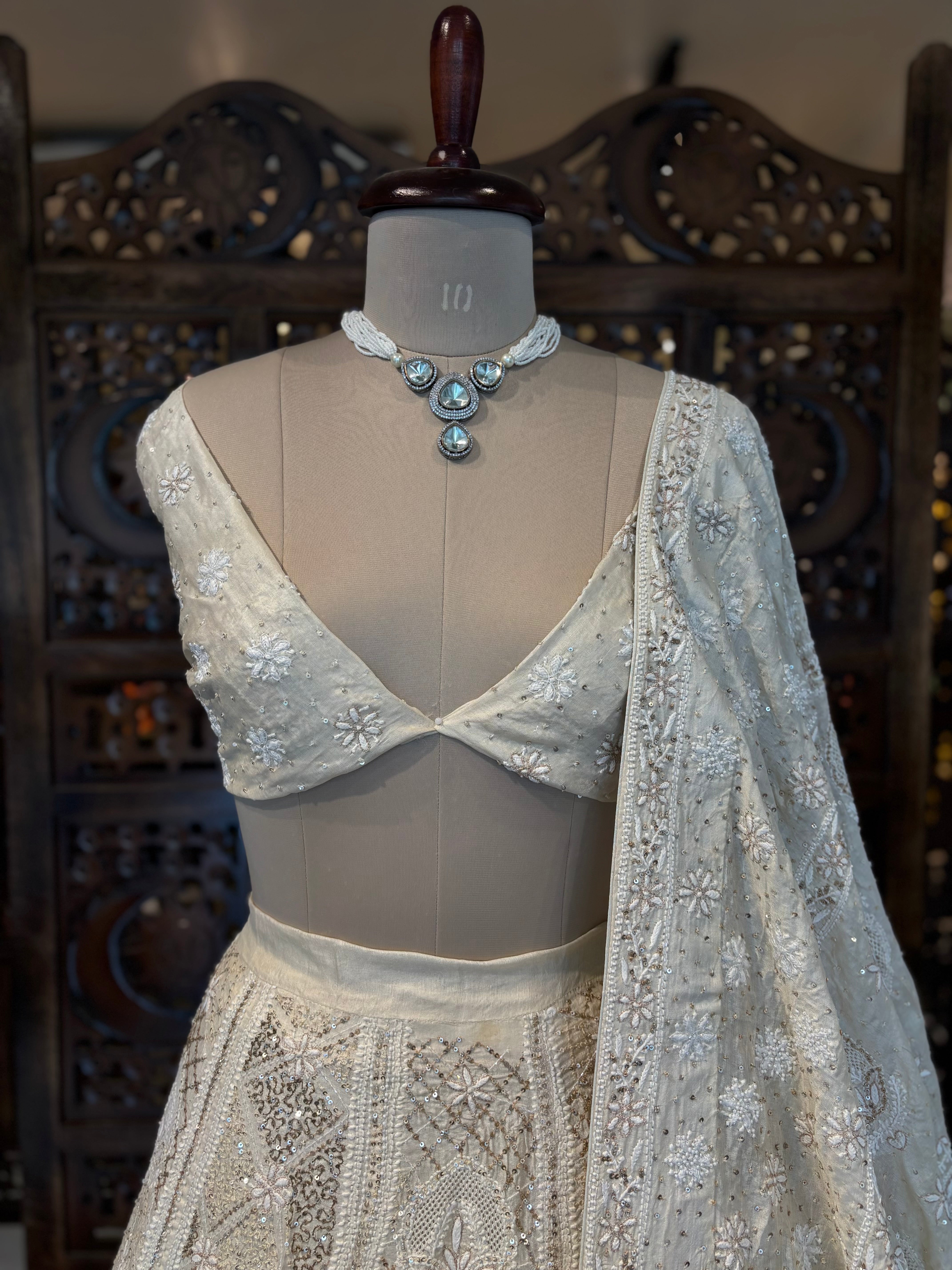 Ivory Pure & Premium Silk Chikankari Jaal Lehenga & Dupatta Set