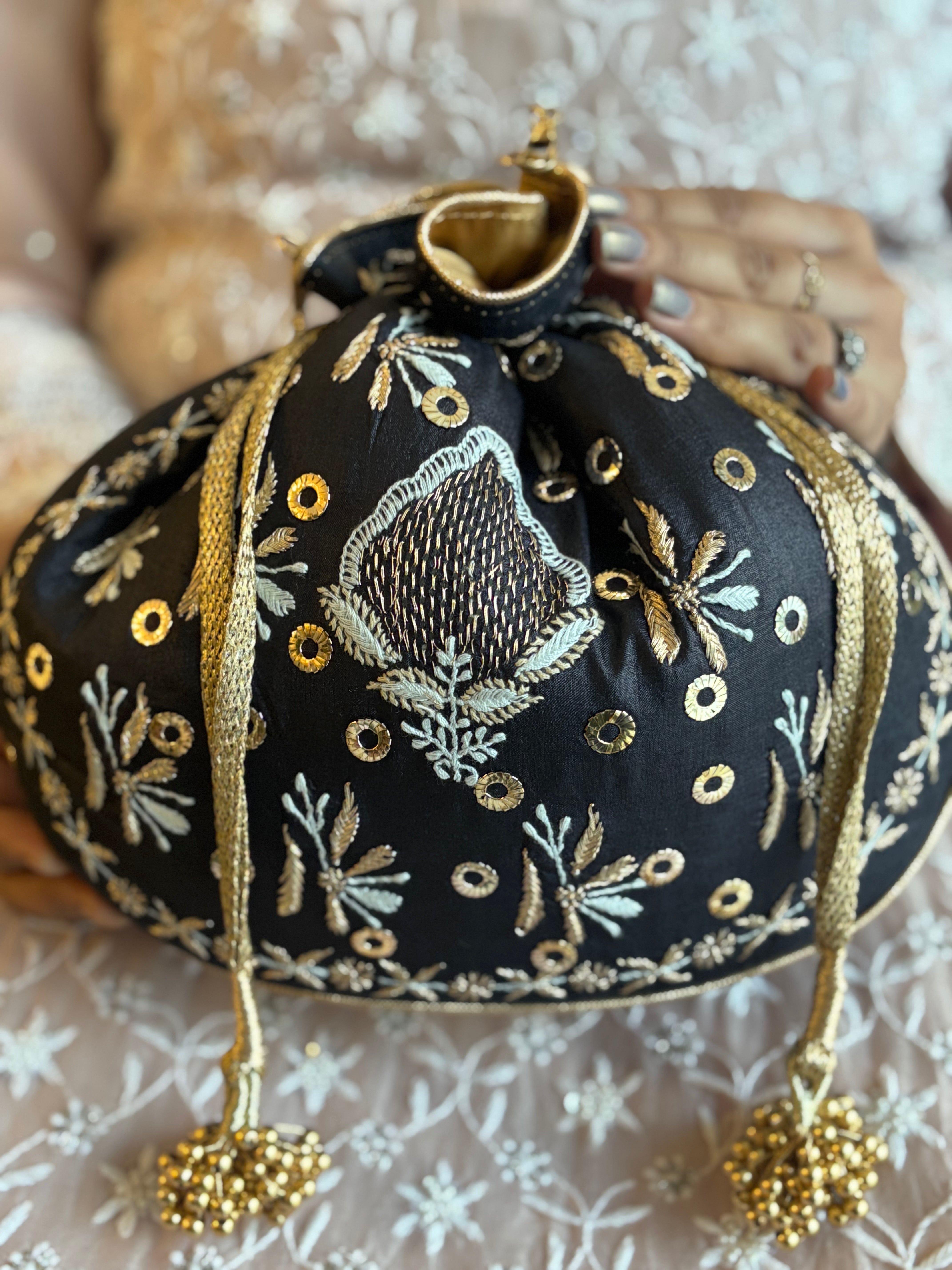 Black Chikankari & Mukaish Batua