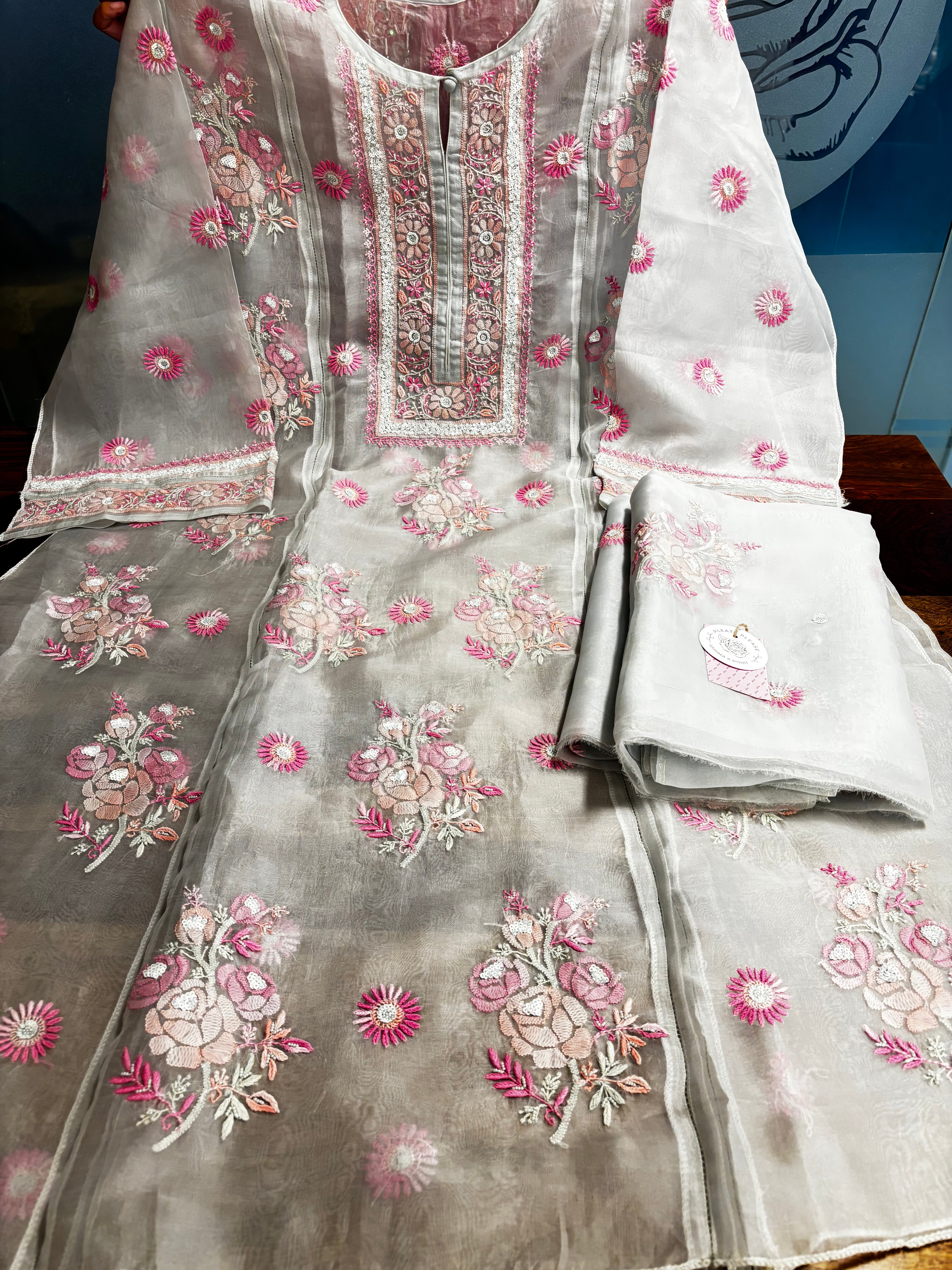 Mint Green Pure Organza Chikankari Kurta & Dupatta - Pleats PleaseChikankari