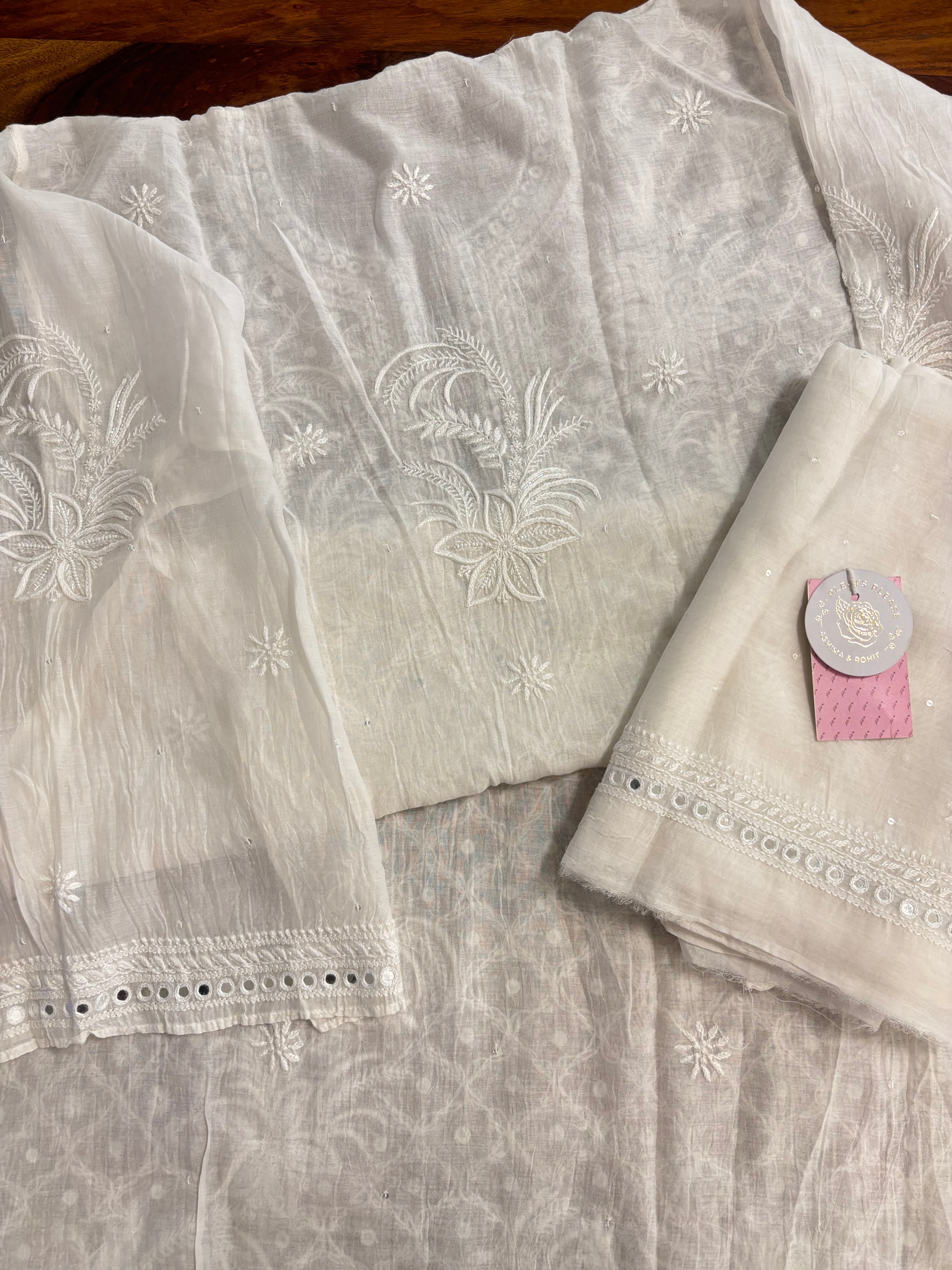 Dyeable Chanderi Mirror Chikankari Kurta & Dupatta - Pleats PleaseChikankari