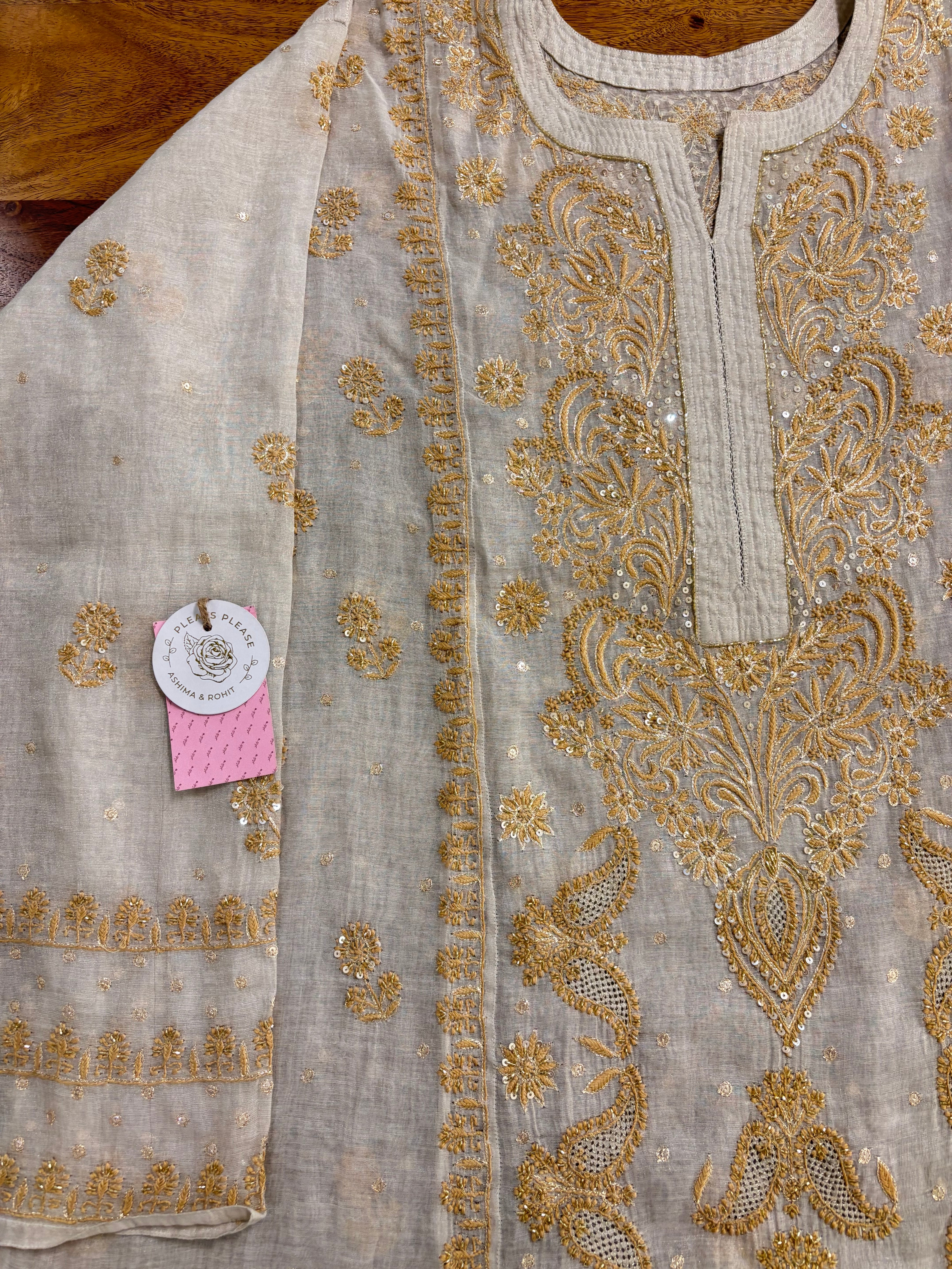 Dyeable Ivory Silver Pure & Premium Tissue Chikankari Kurta & Dupatta