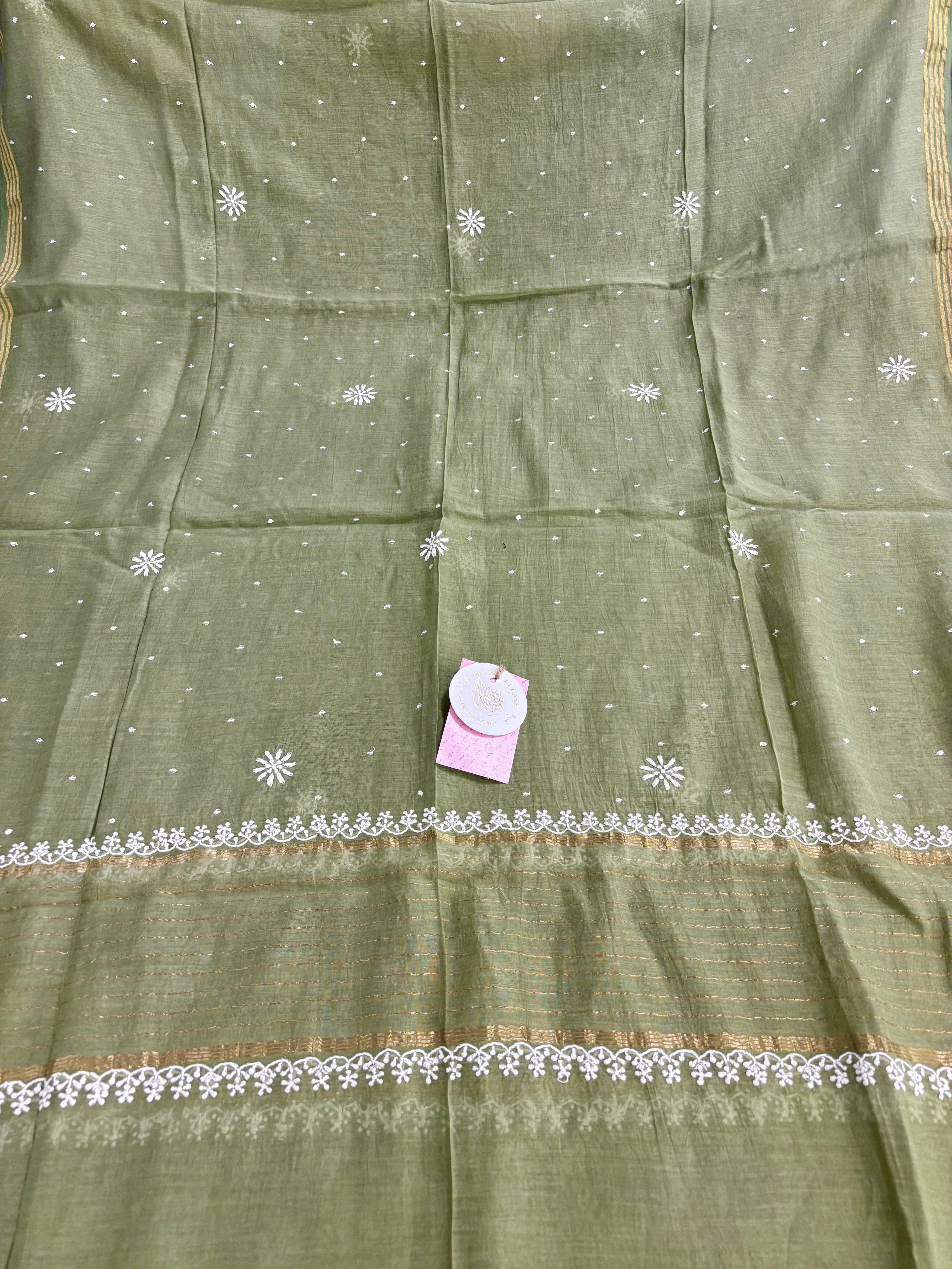 Olive Green Chanderi Mul Chikankari Kurta & Dupatta