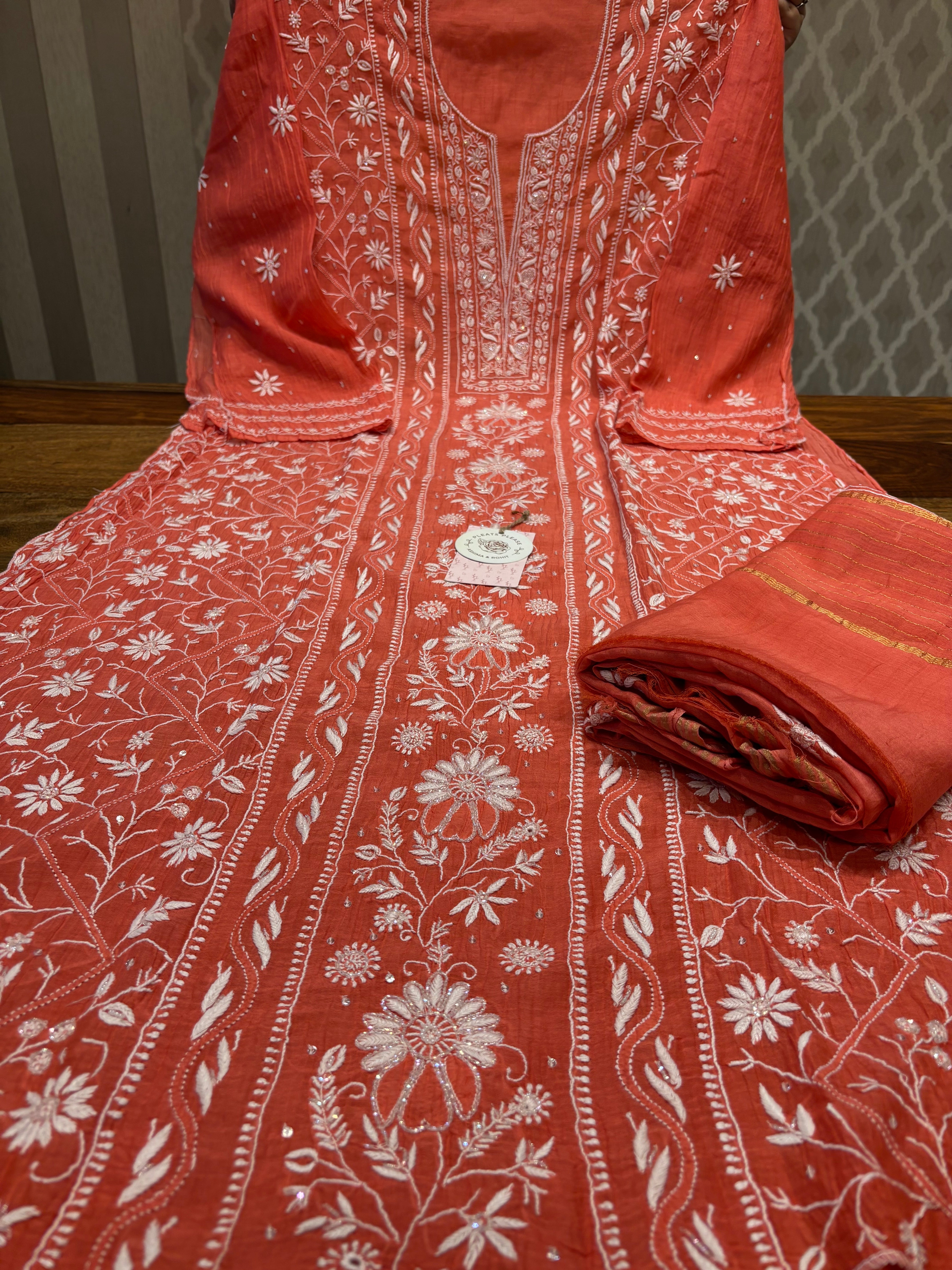 Rust Orange Chanderi Mul Chikankari Kurta And Dupatta Set
