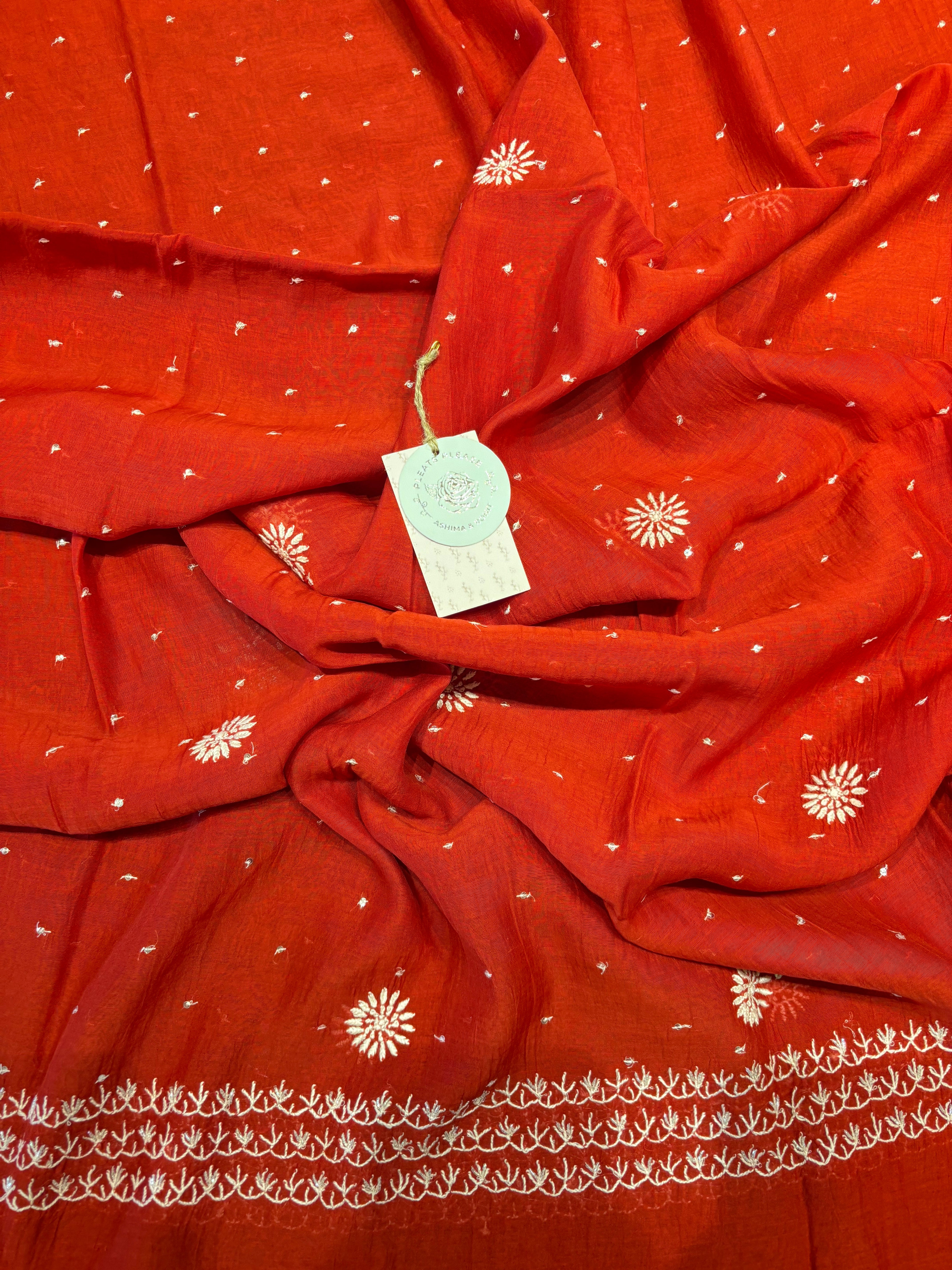 Red Chanderi Mul Chikankari Kurta and Dupatta set