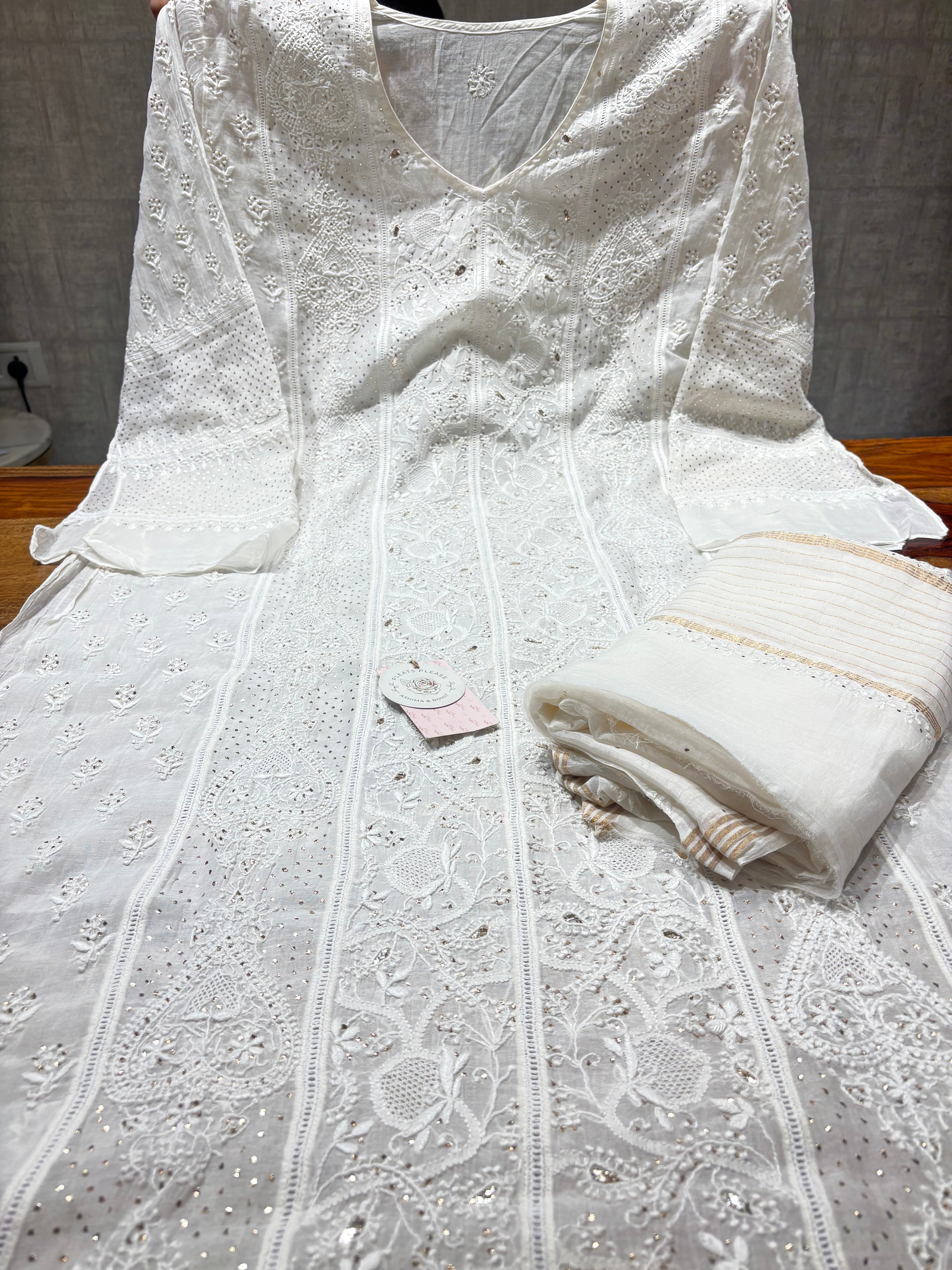 Dyeable Chanderi Mul Chikankari & Mukaish Kurta & Dupatta Set