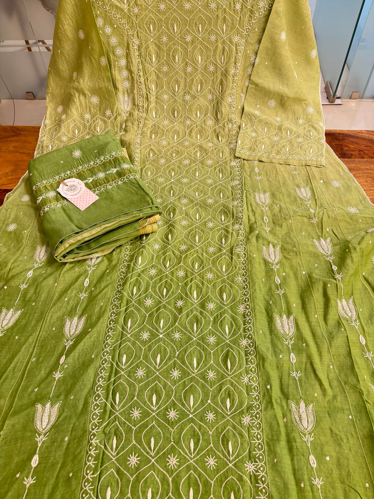 Green Ombré Pure Monga Silk Chikankari Anarkali & Dupatta