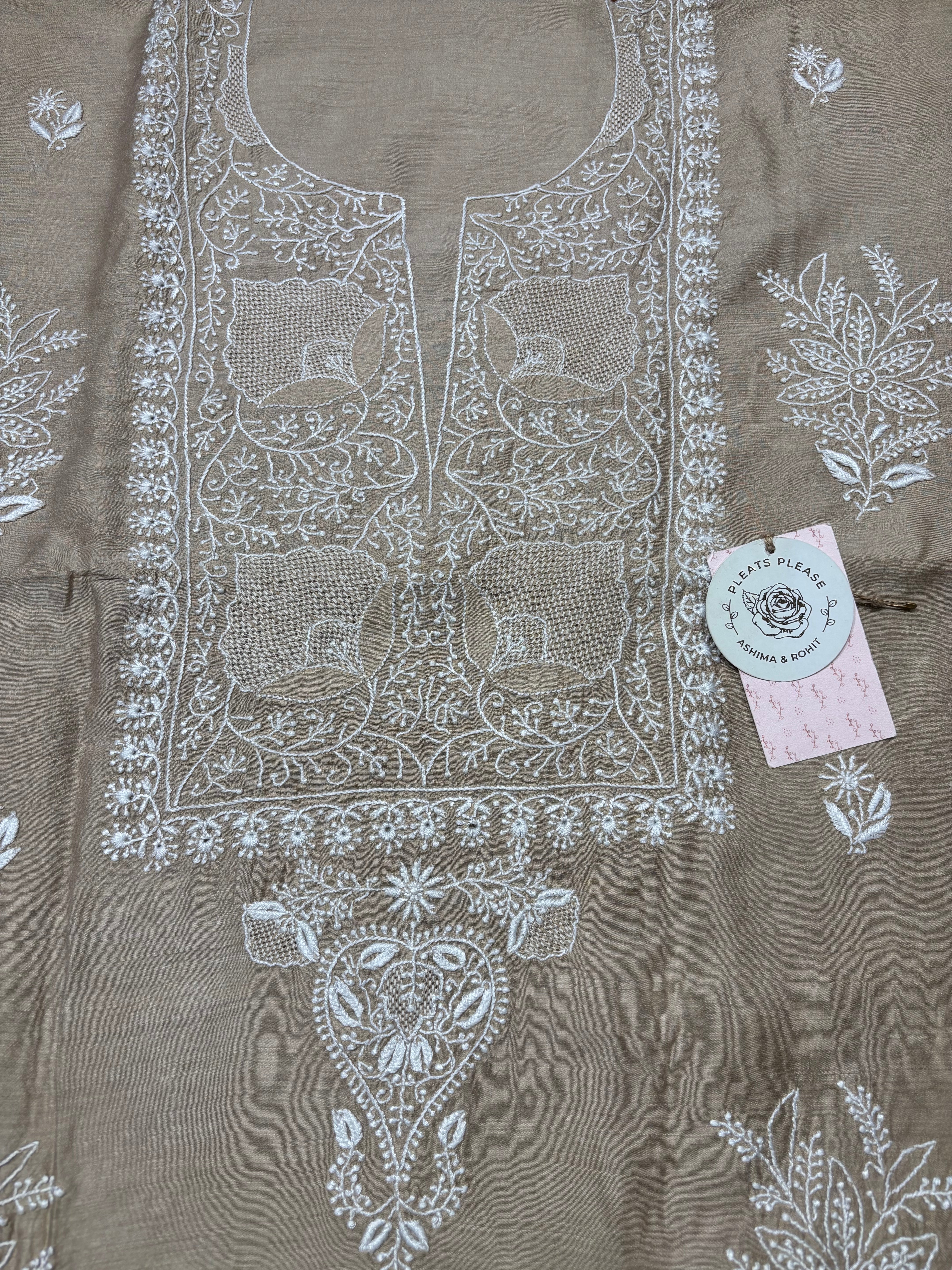 Champagne Beige Monga Silk Chikankari Kurta And Dupatta Fabric