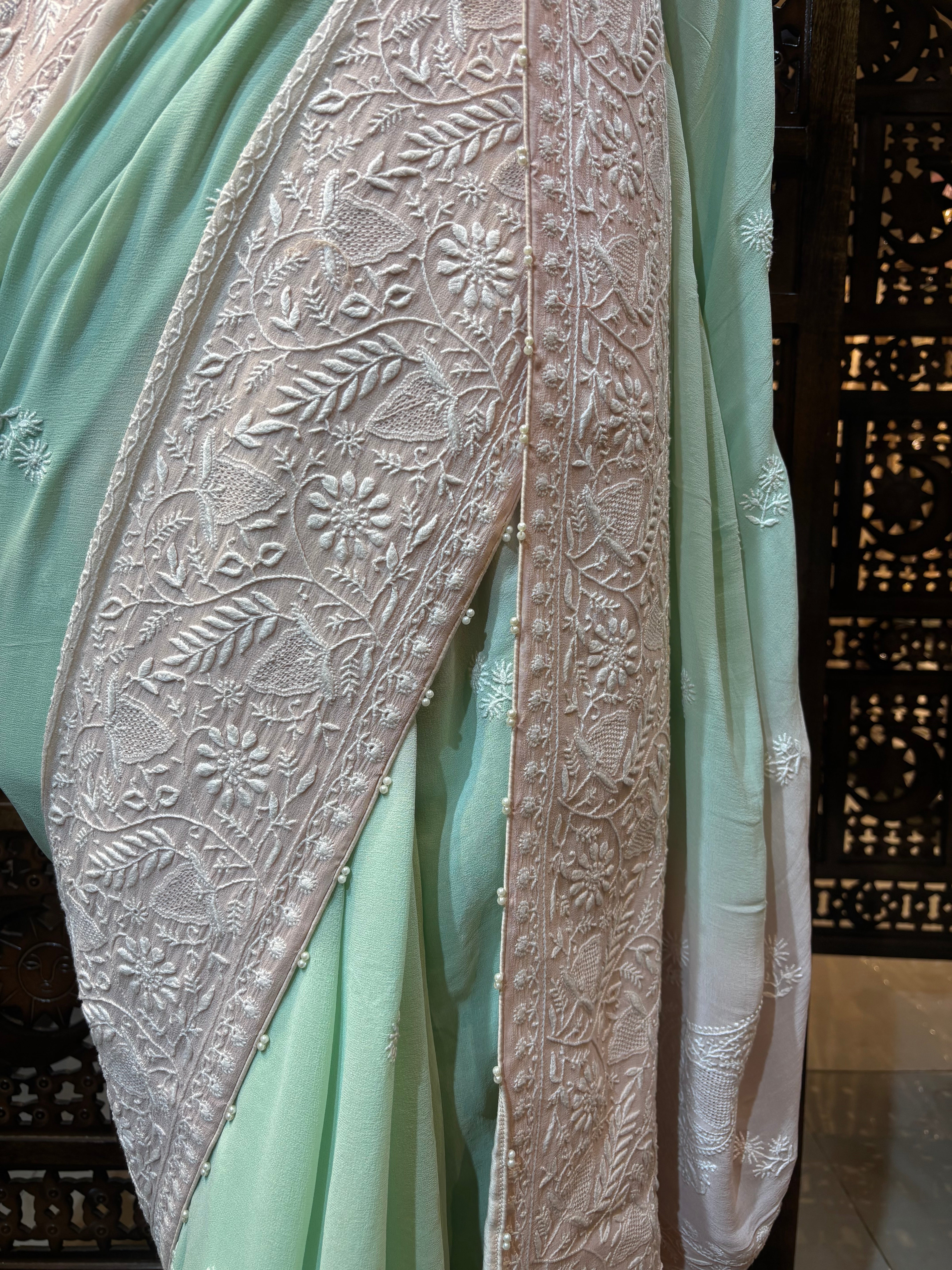 Pink & Green Pure & Premium Georgette Chikankari Saree & Blouse - Pleats PleaseChikankari