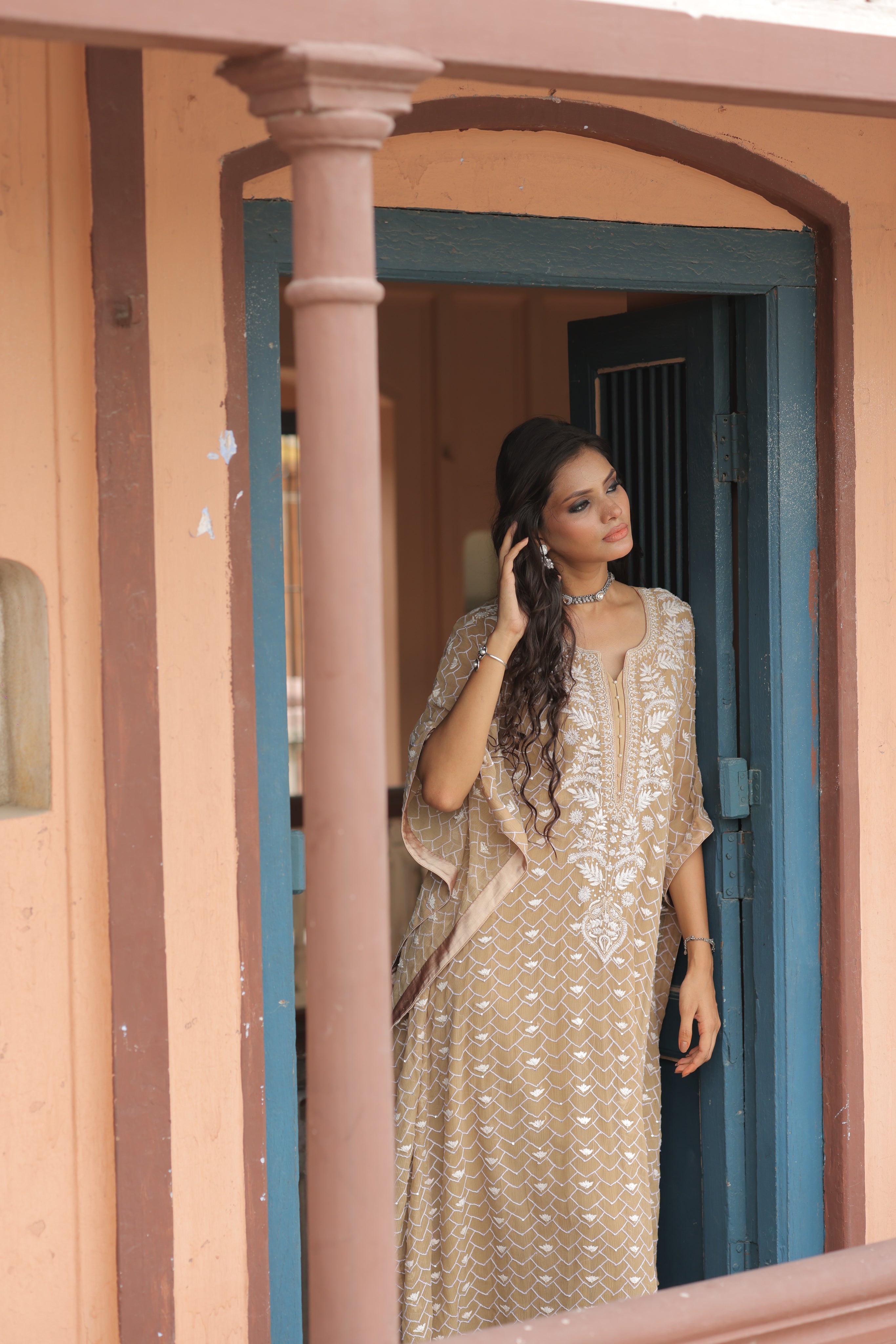 Coffee Brown Chliffon Chikankari Kaftan