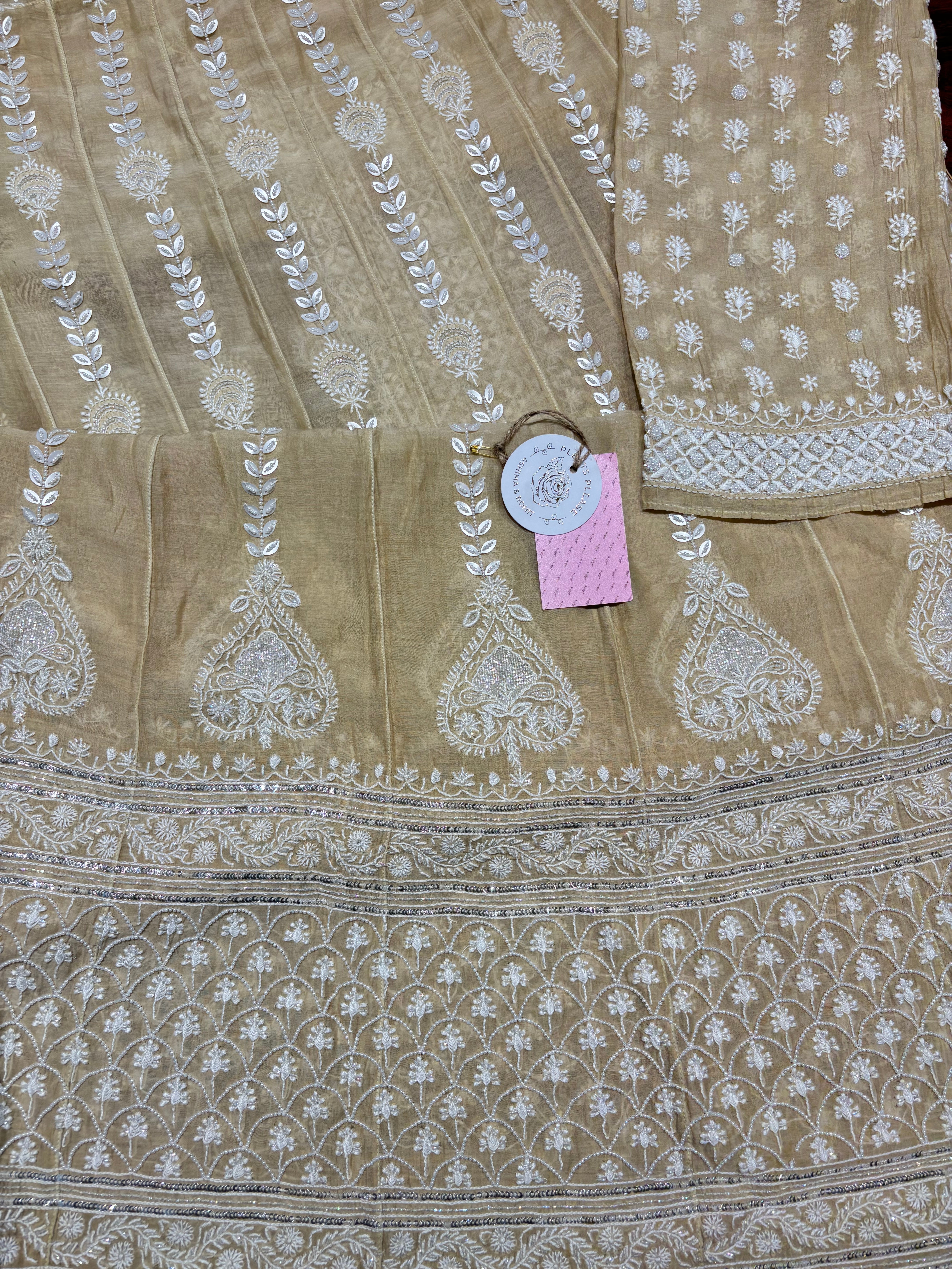 Coffee Cream Chanderi Mul Chikankari Anarkali and Dupatta Set
