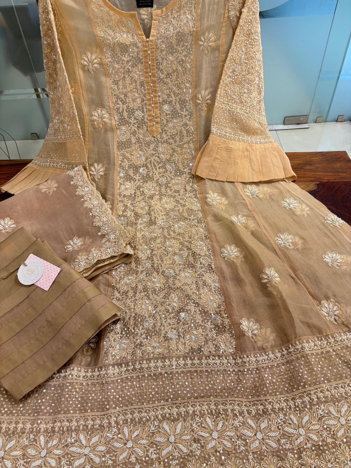 Peach Ombré Pure Organza Chikankari Anarkali,Dupatta With Bottom