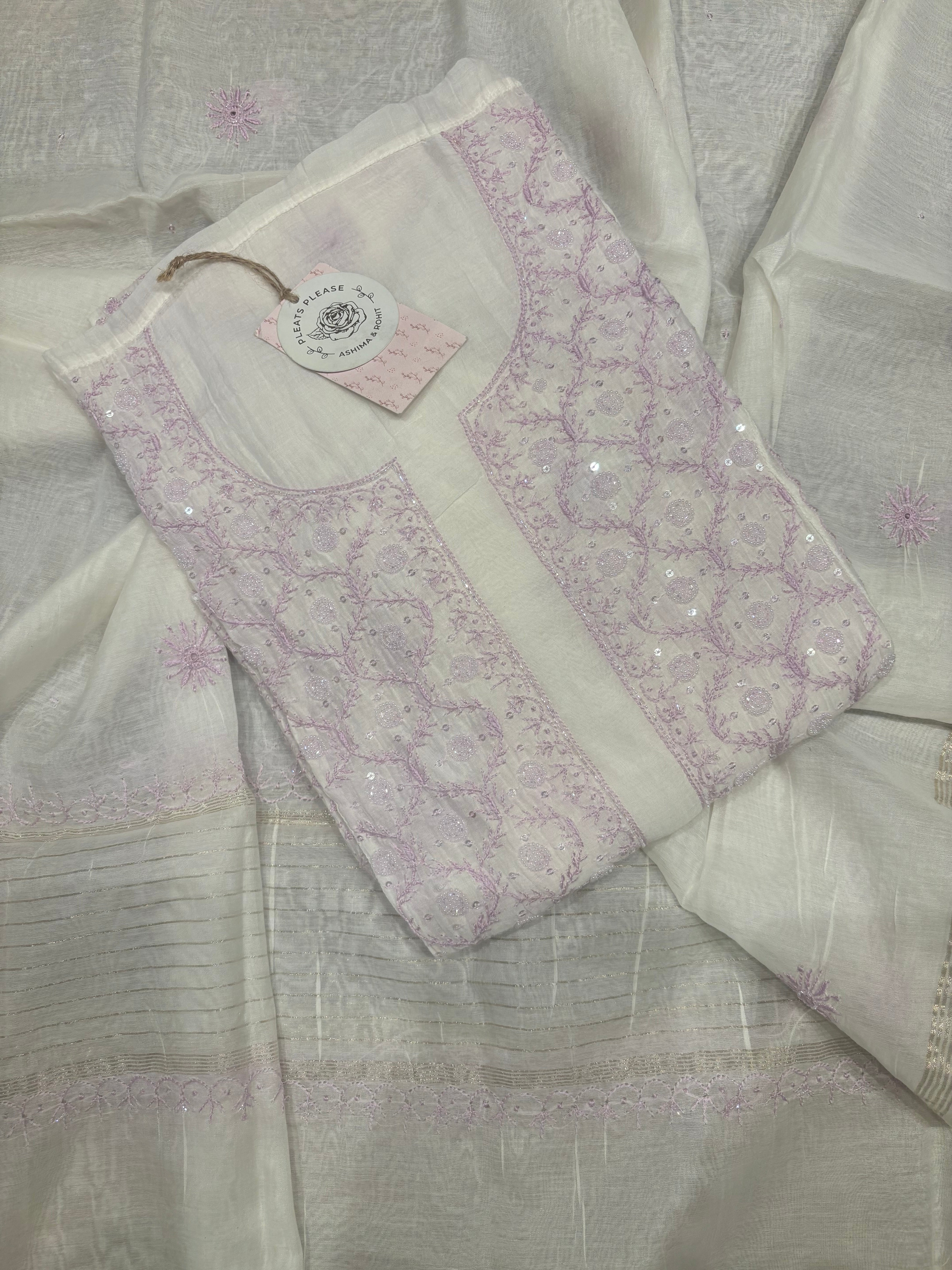 Dyeable Chanderi mul  Chikankari kurta and dupatta set