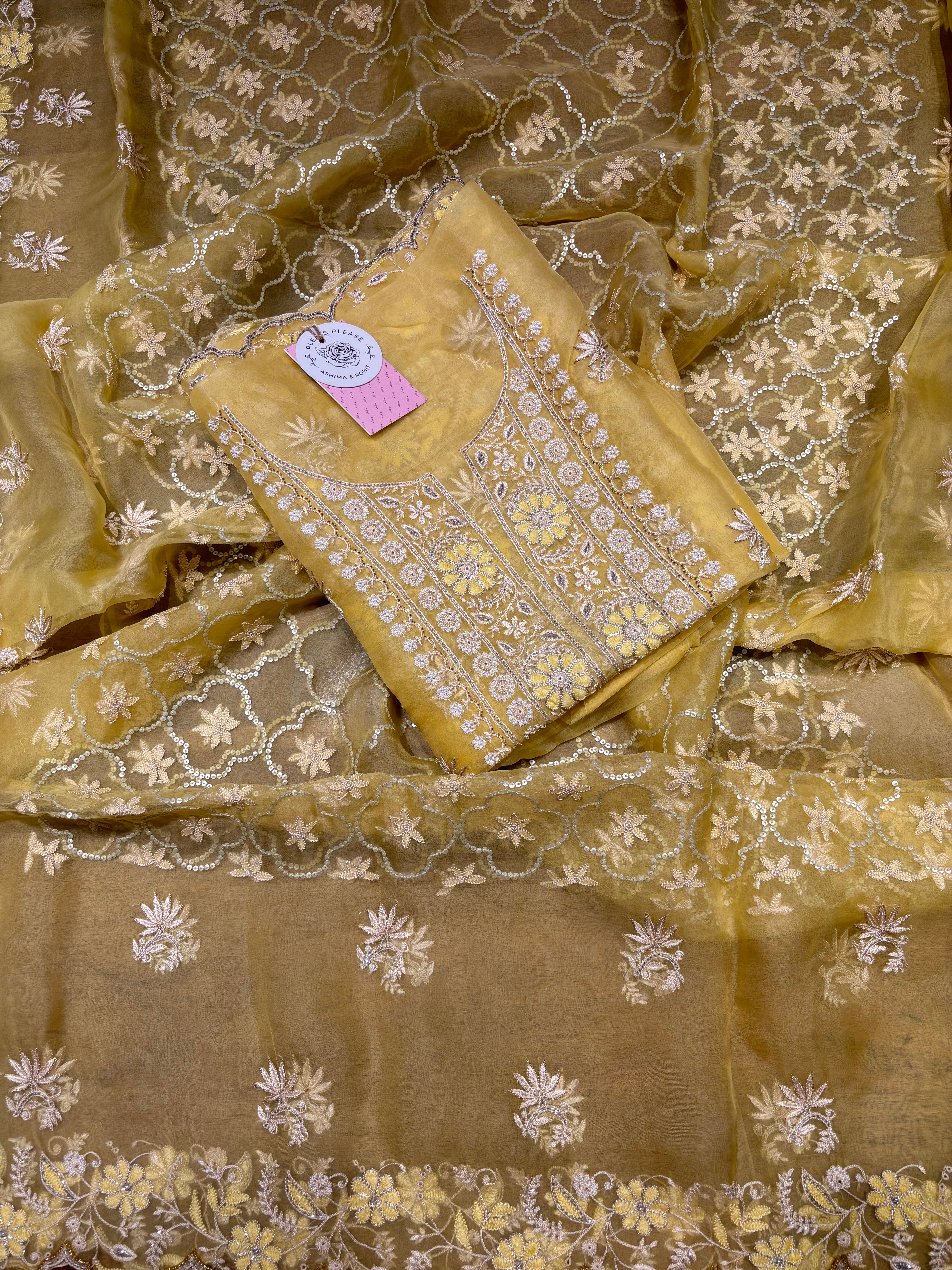 Yellow Pure & Premium Organza Silk Chikankari Kurta & Dupatta Fabric