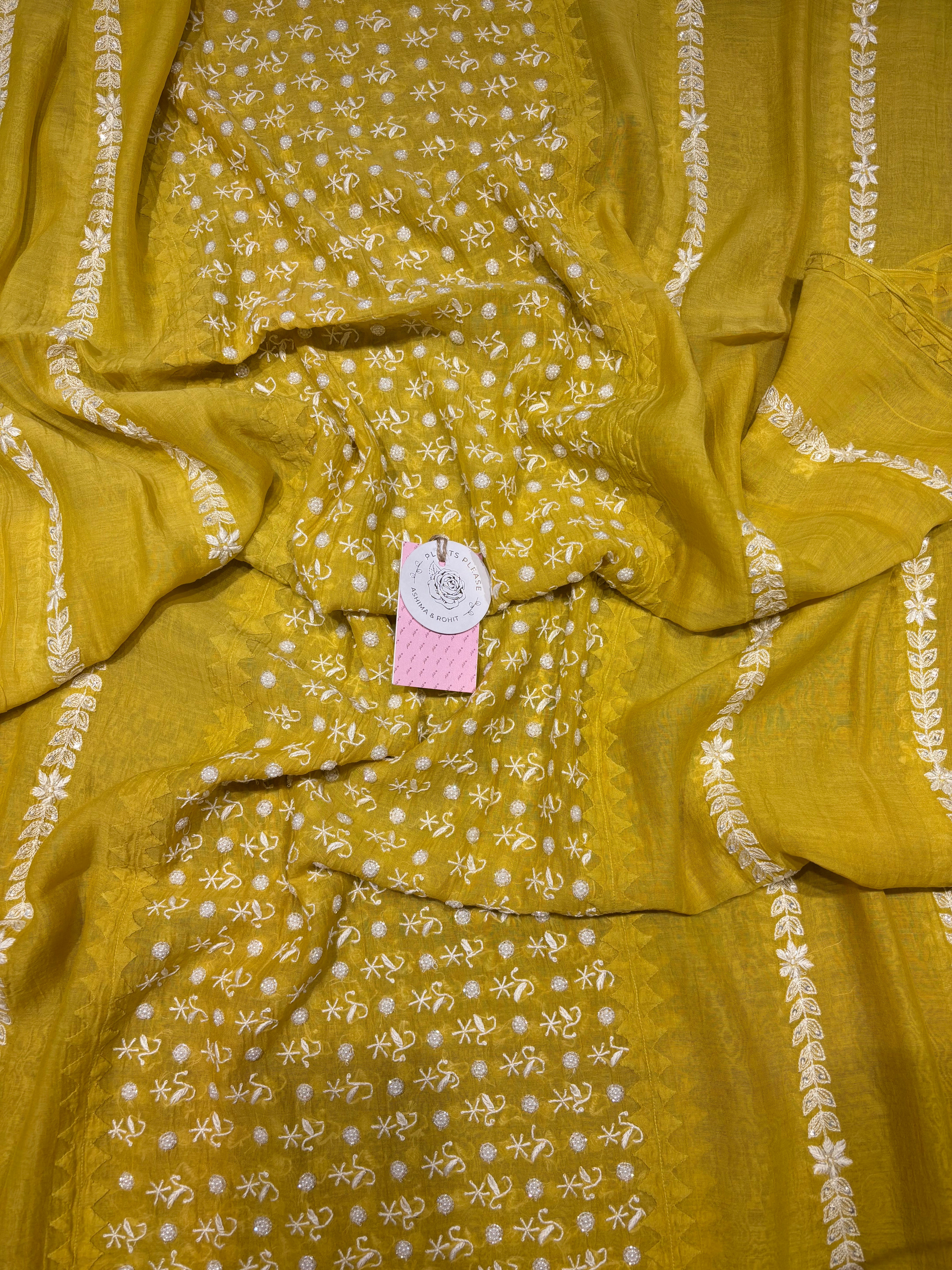 Lime Yellow Chanderi Mul Chikankari Anarkali & Dupatta Set