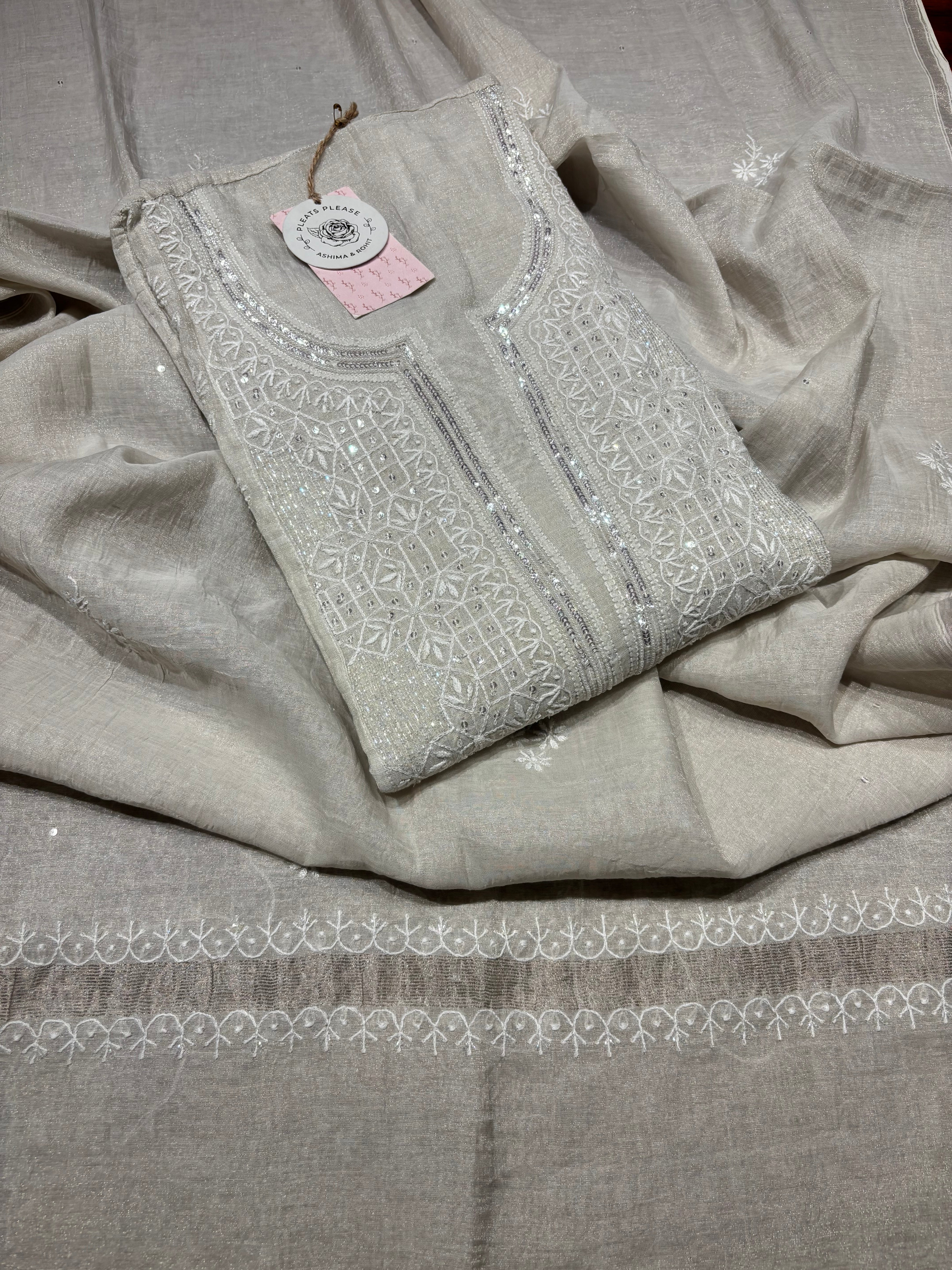 Dyeable Silver Tissue Chikankari Kurta and Dupatta Set