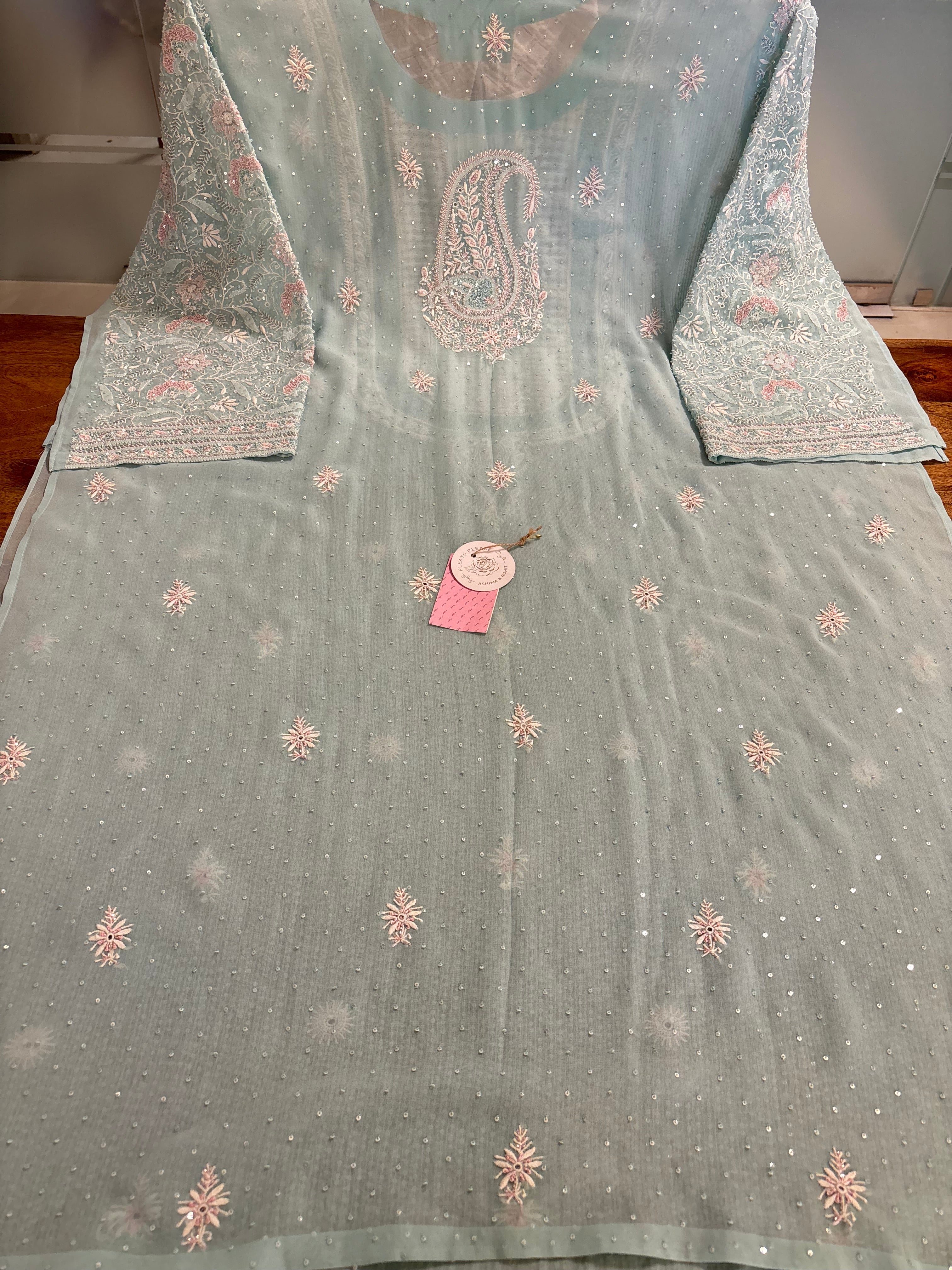 Powder Blue Pure & Premium Georgette Chikankari kurta Dupatta set