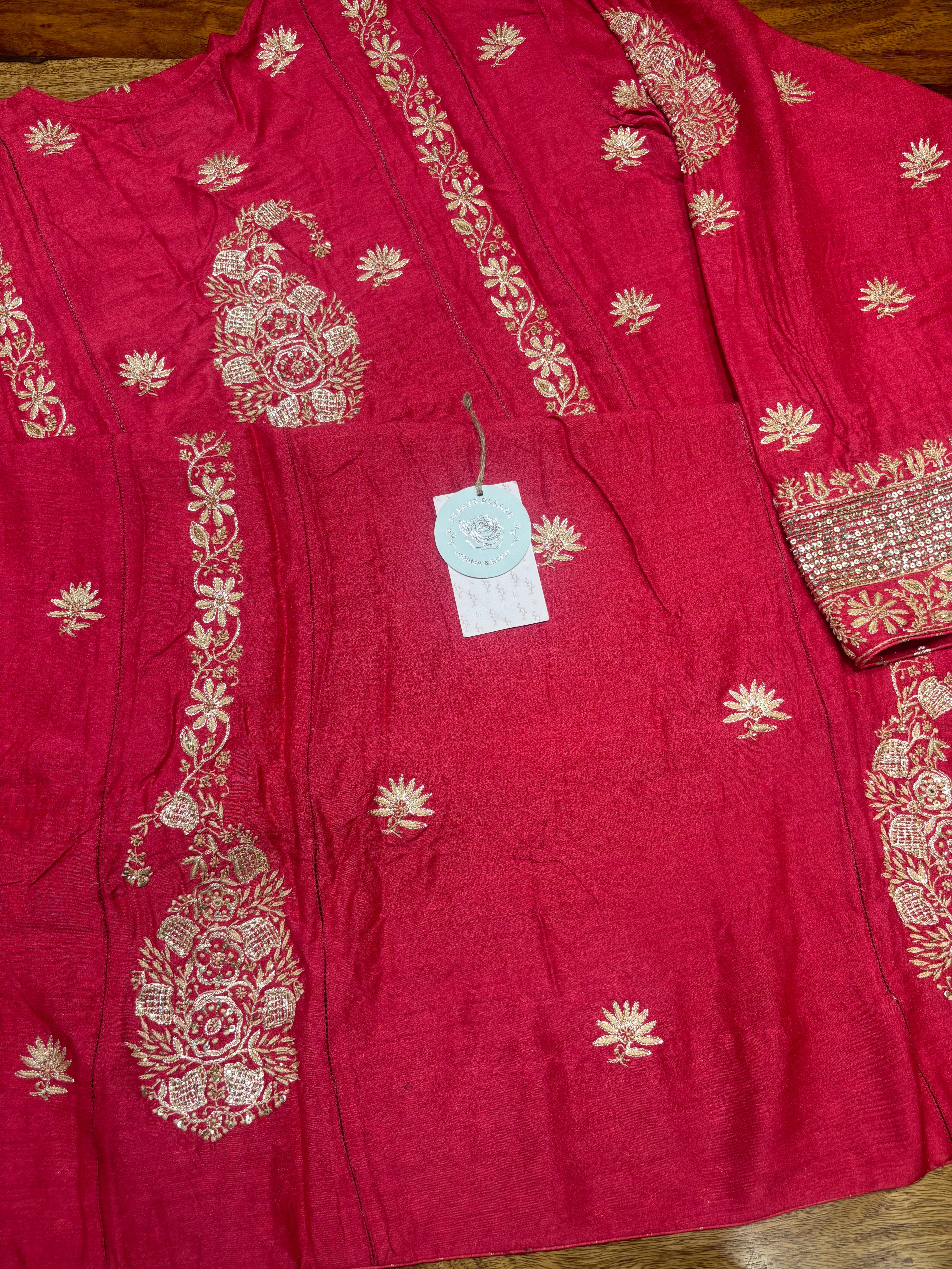Red Monga Silk Chikankari A-line Anarkali & Dupatta Set