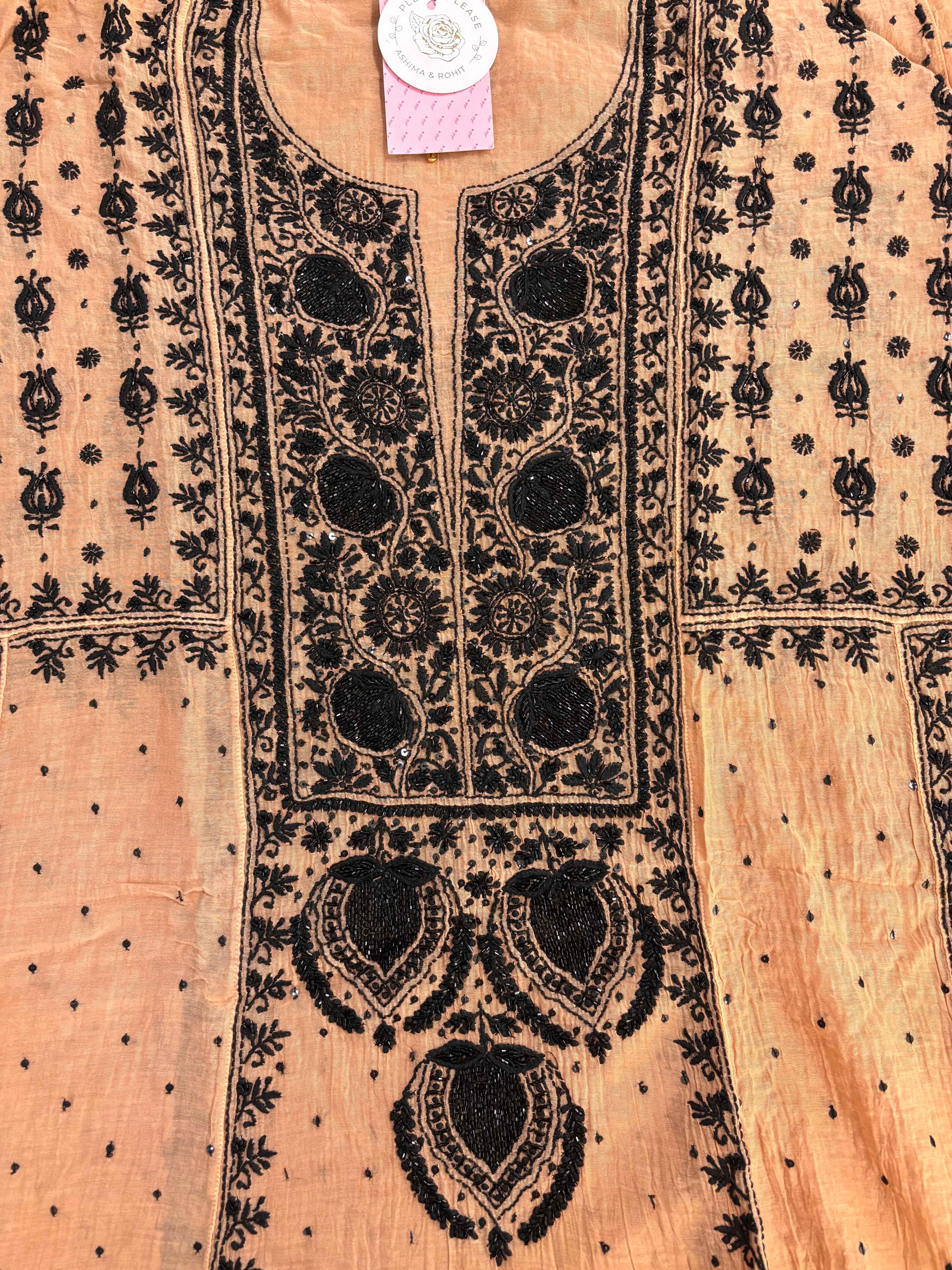Apricot Peach Chanderi Chikankari A-Line Kurta & Dupatta