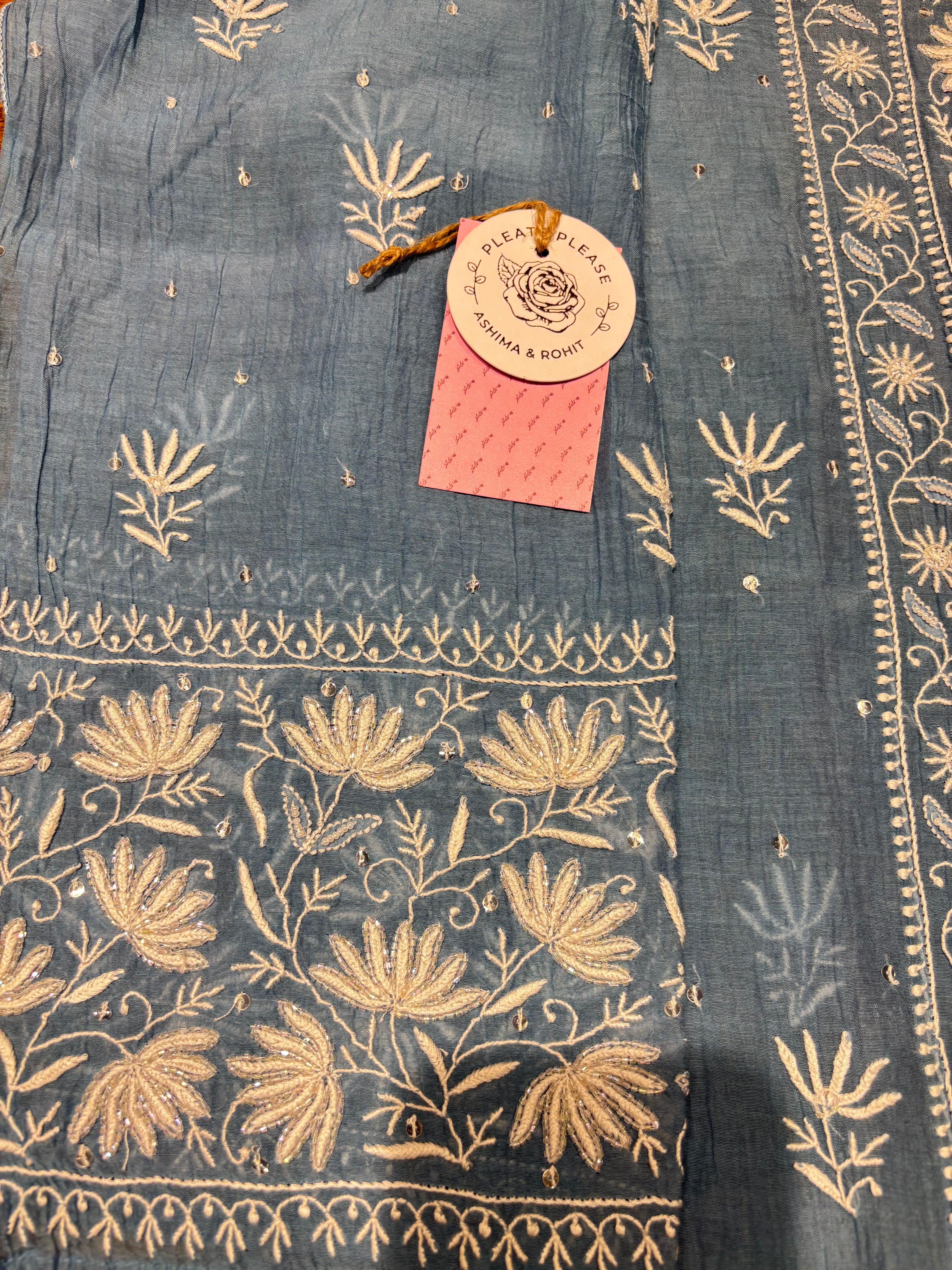 Blue Chanderi Mul Chikankari Kurta & Dupatta Set