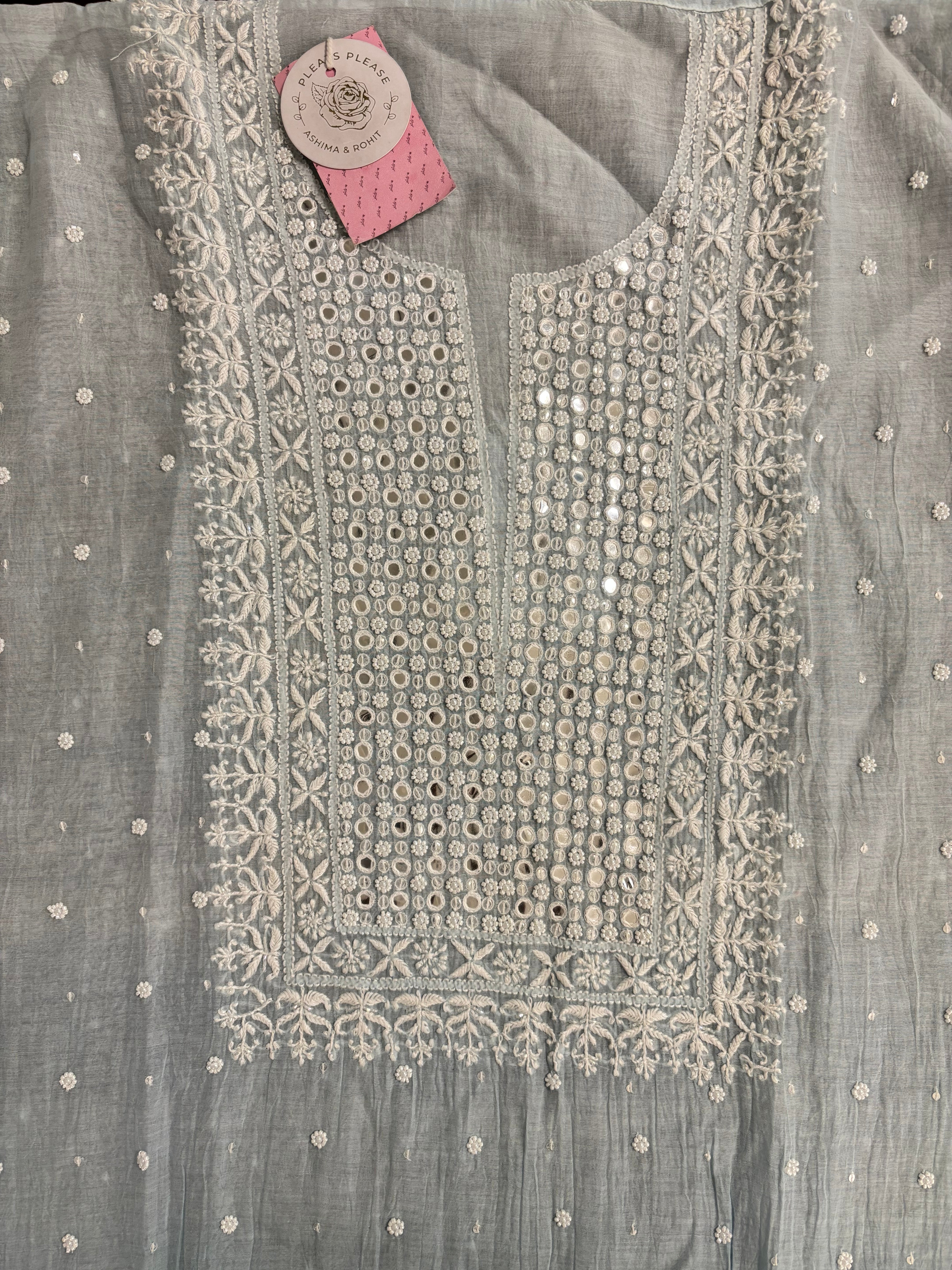Pastel Blue Pure Chanderi Ombre Chikankari Kurta & Dupatta - Pleats PleaseChikankari