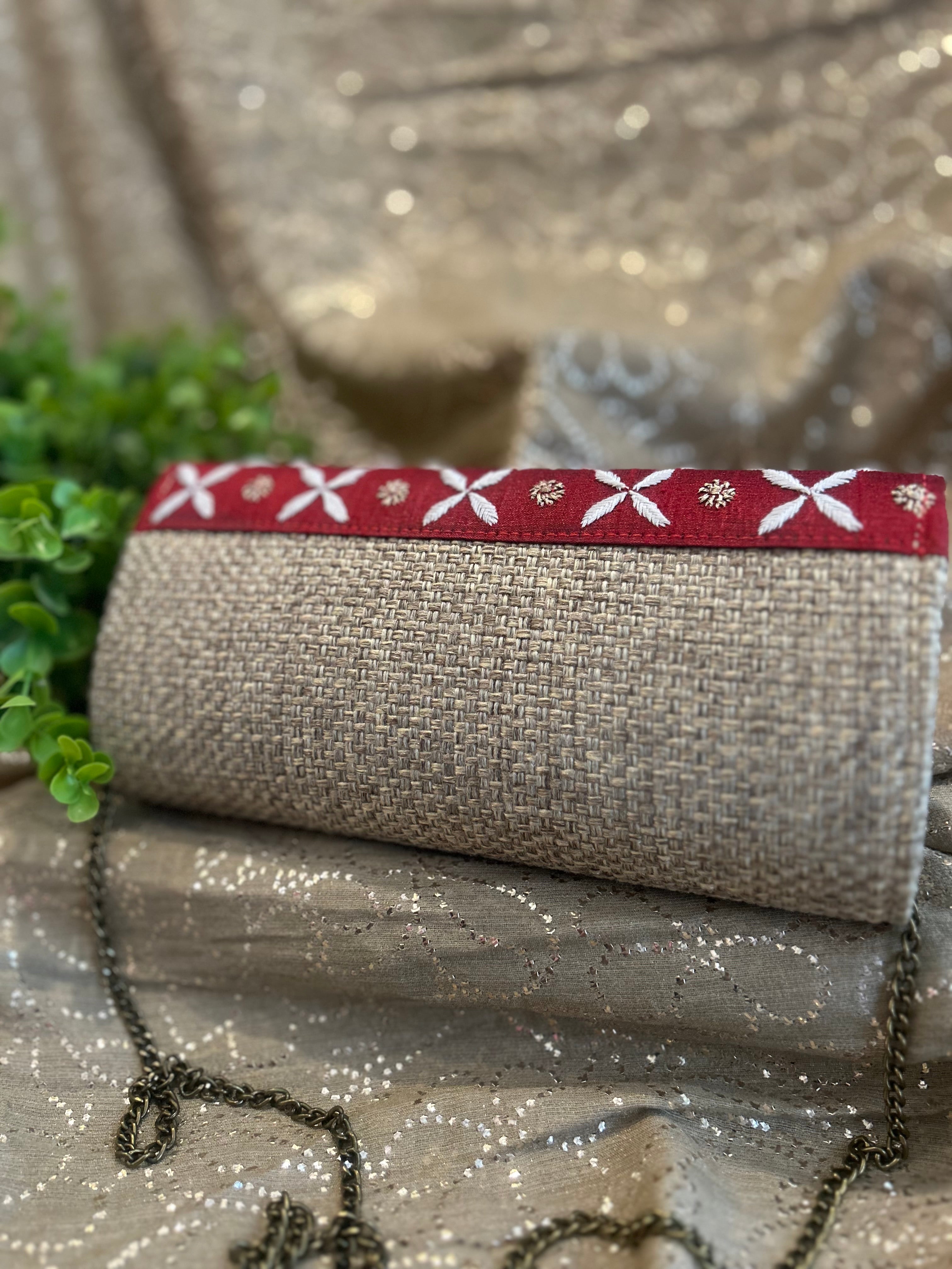 Red Chikankari Jute Bag