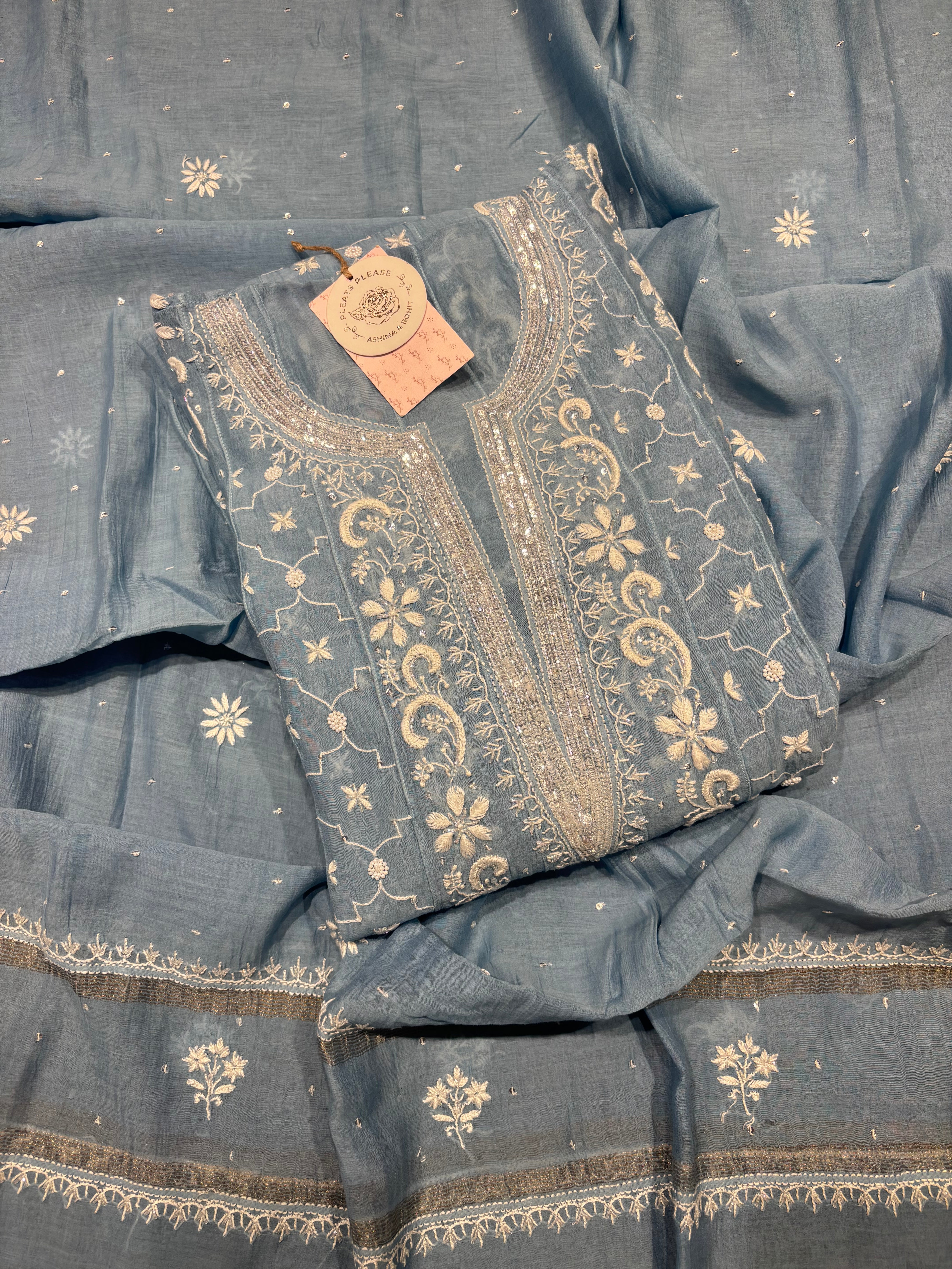 Powder Blue Chanderi Mul Chikankari Anarkali & Dupatta Set