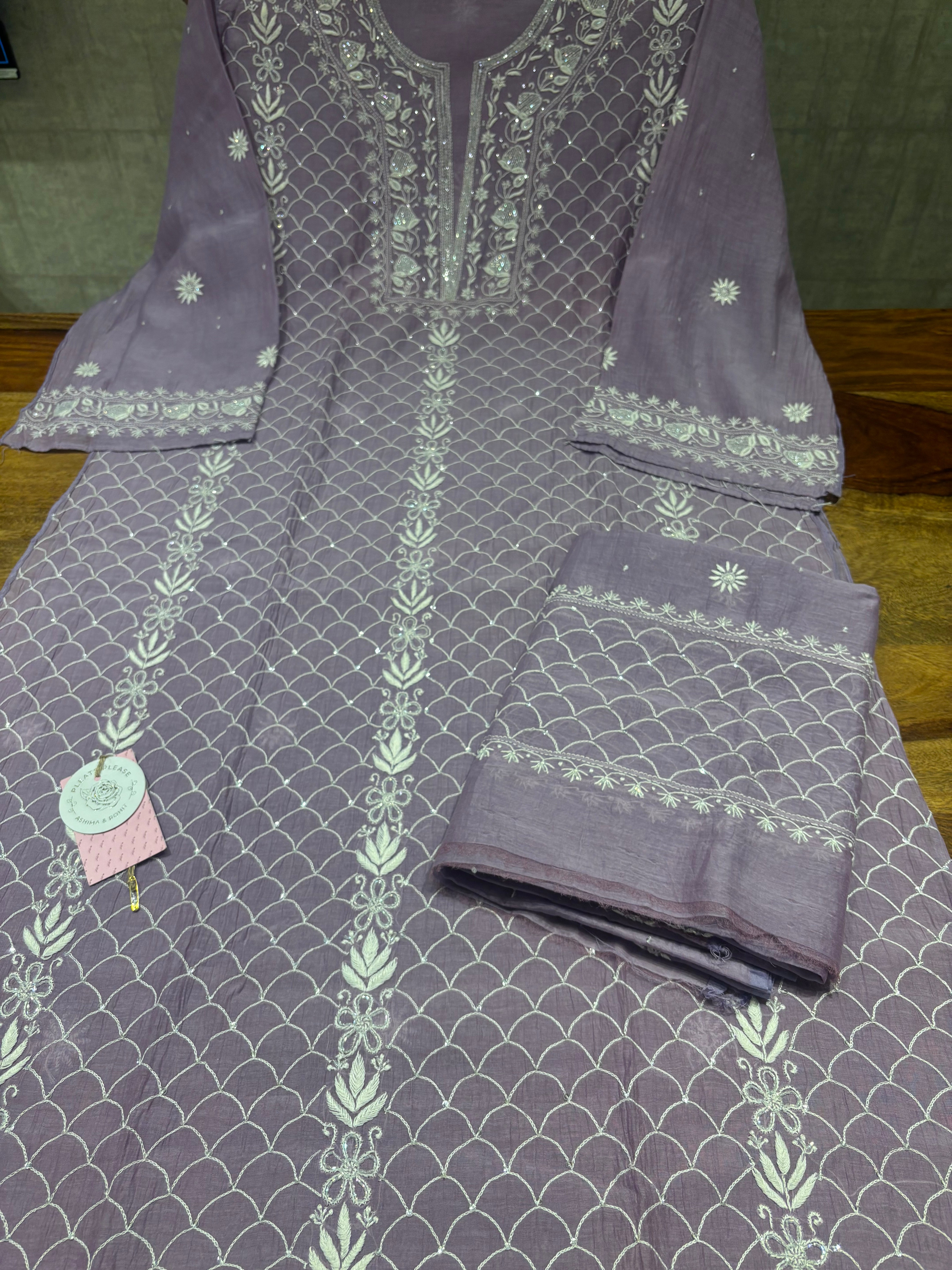 Lilac Chanderi Mul Chikankari Kurta & Dupatta Set