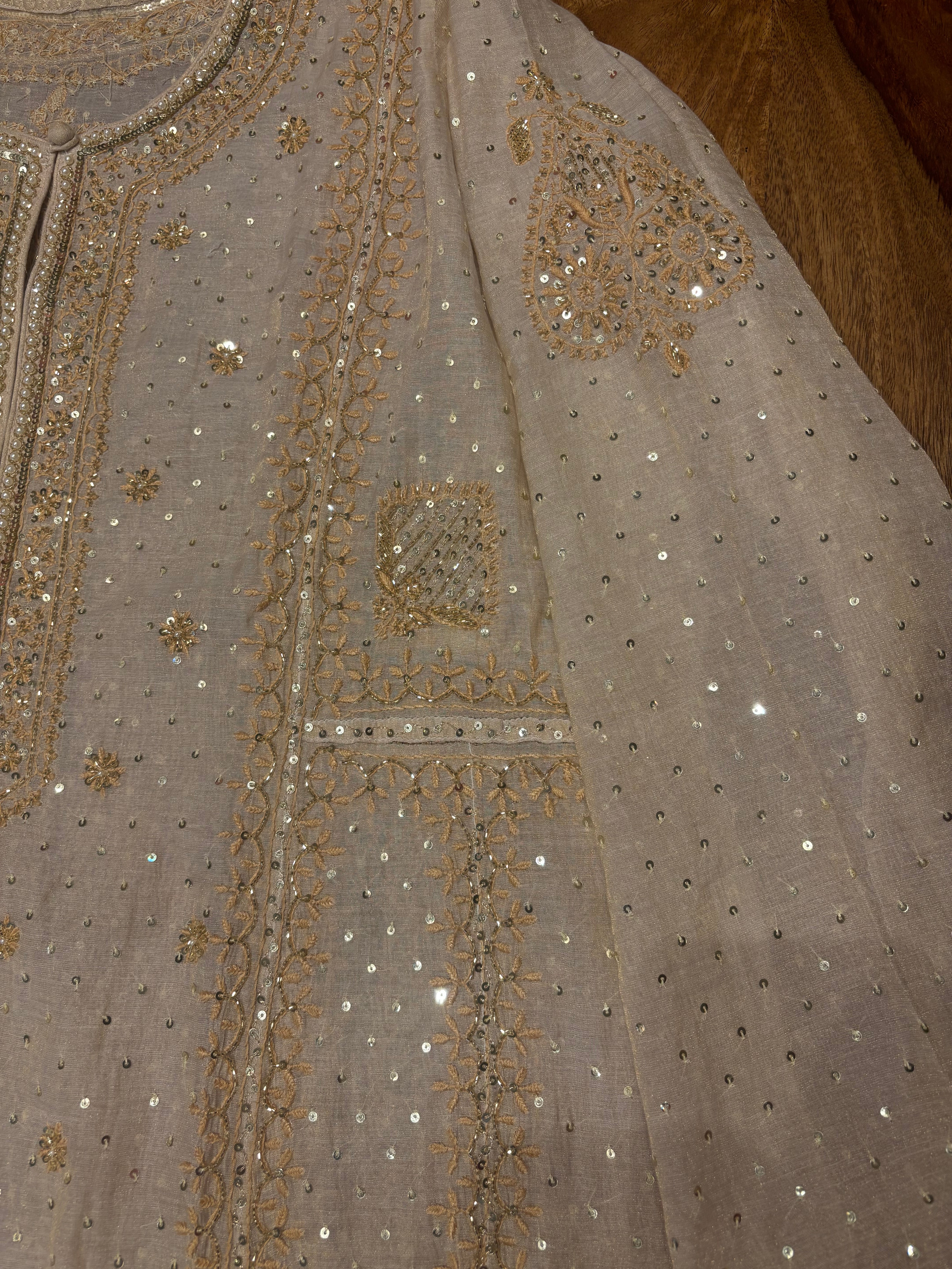 Dyeable Golden Pure Tissue Chikankari A line Anarkali and Dupatta Pearl Neckline