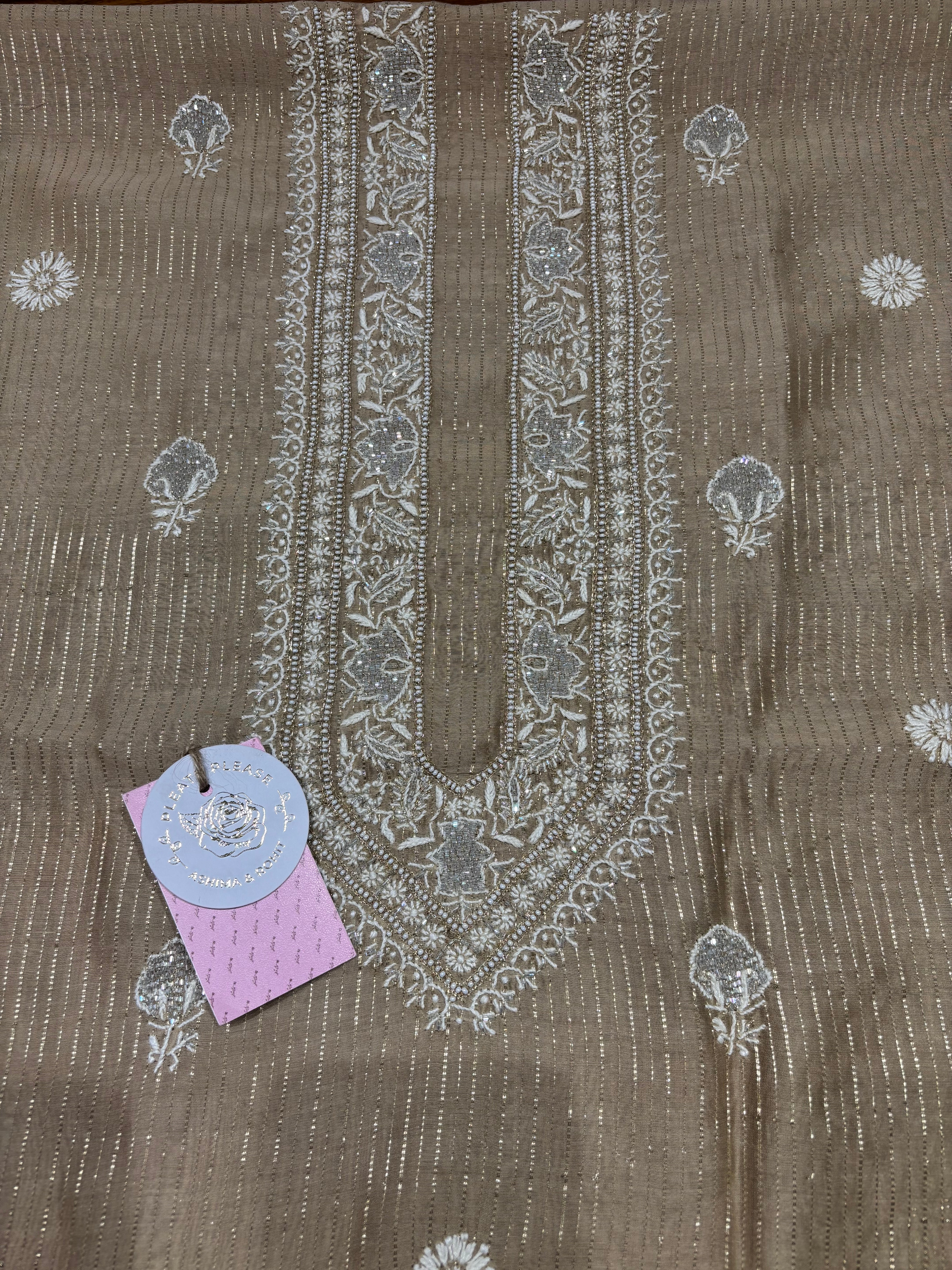 Golden Brown Chanderi Silk Chikankari Men’s Kurta Fabric