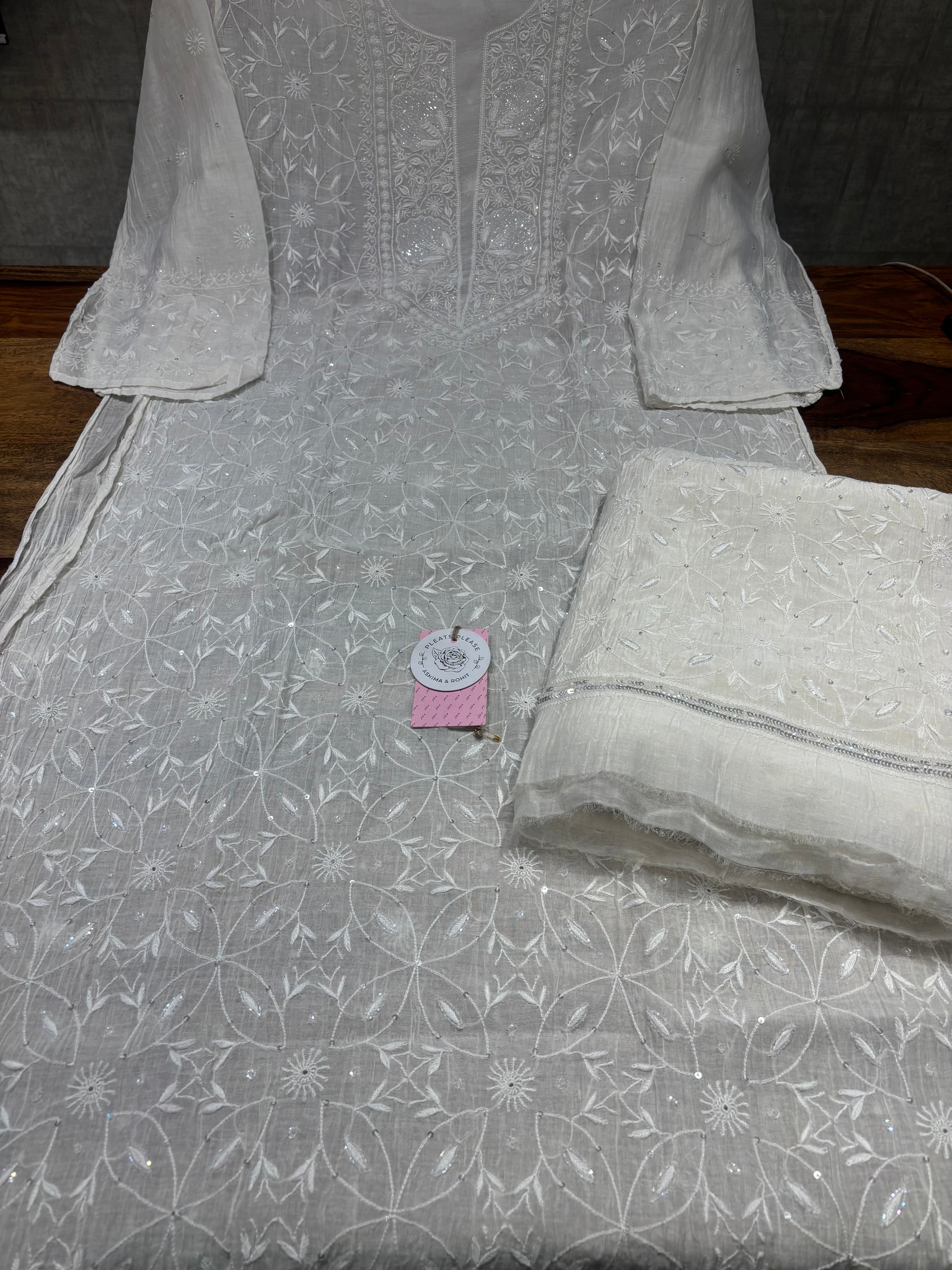 Dyeable Chanderi Mul Chikankari Kurta & Dupatta Set