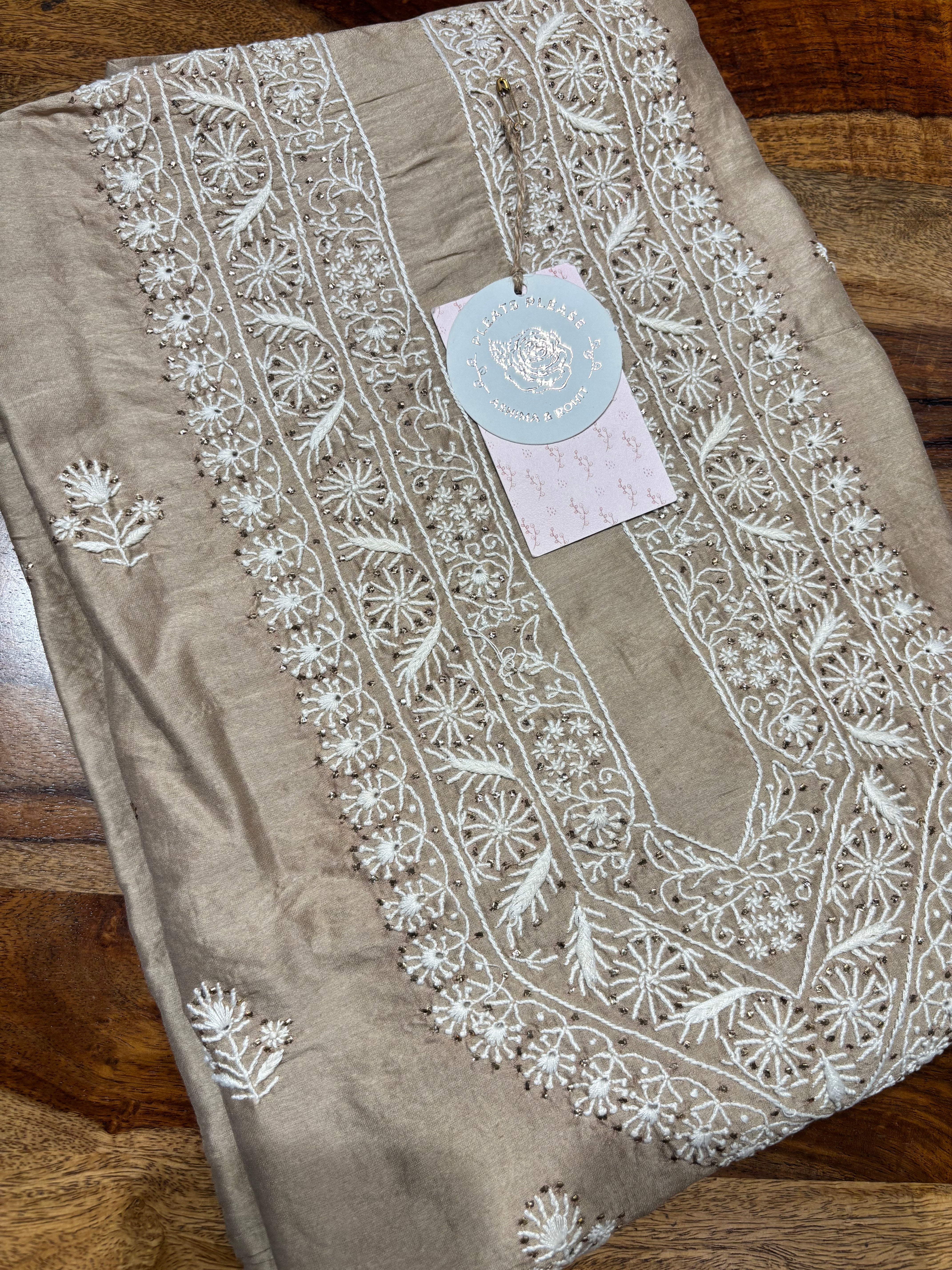 Beige Chanderi Silk Chikankari Mukaish Men’s Kurta Fabric
