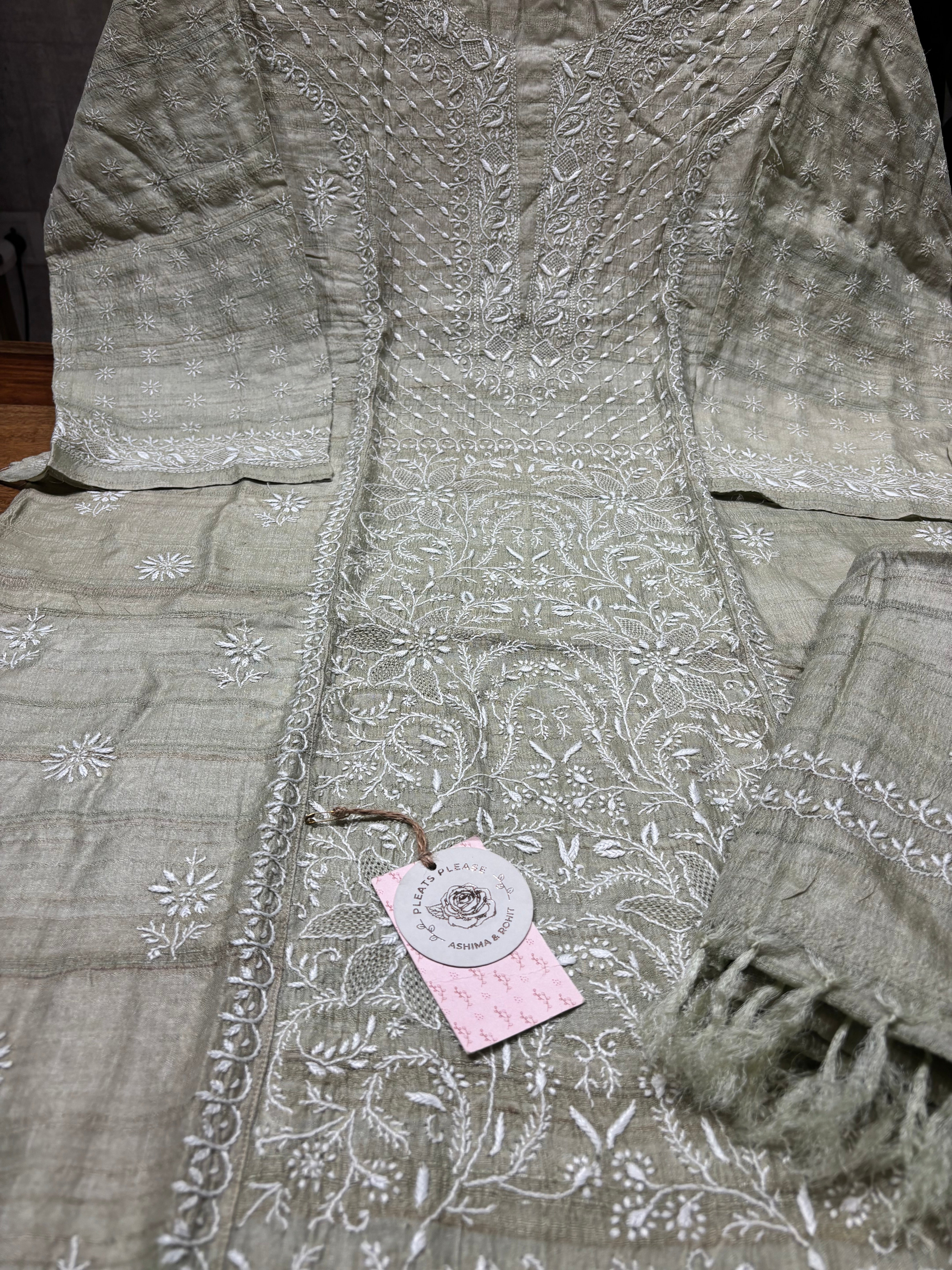 Sage Green Tussar silk Chikankari Kurta and Dupatta set