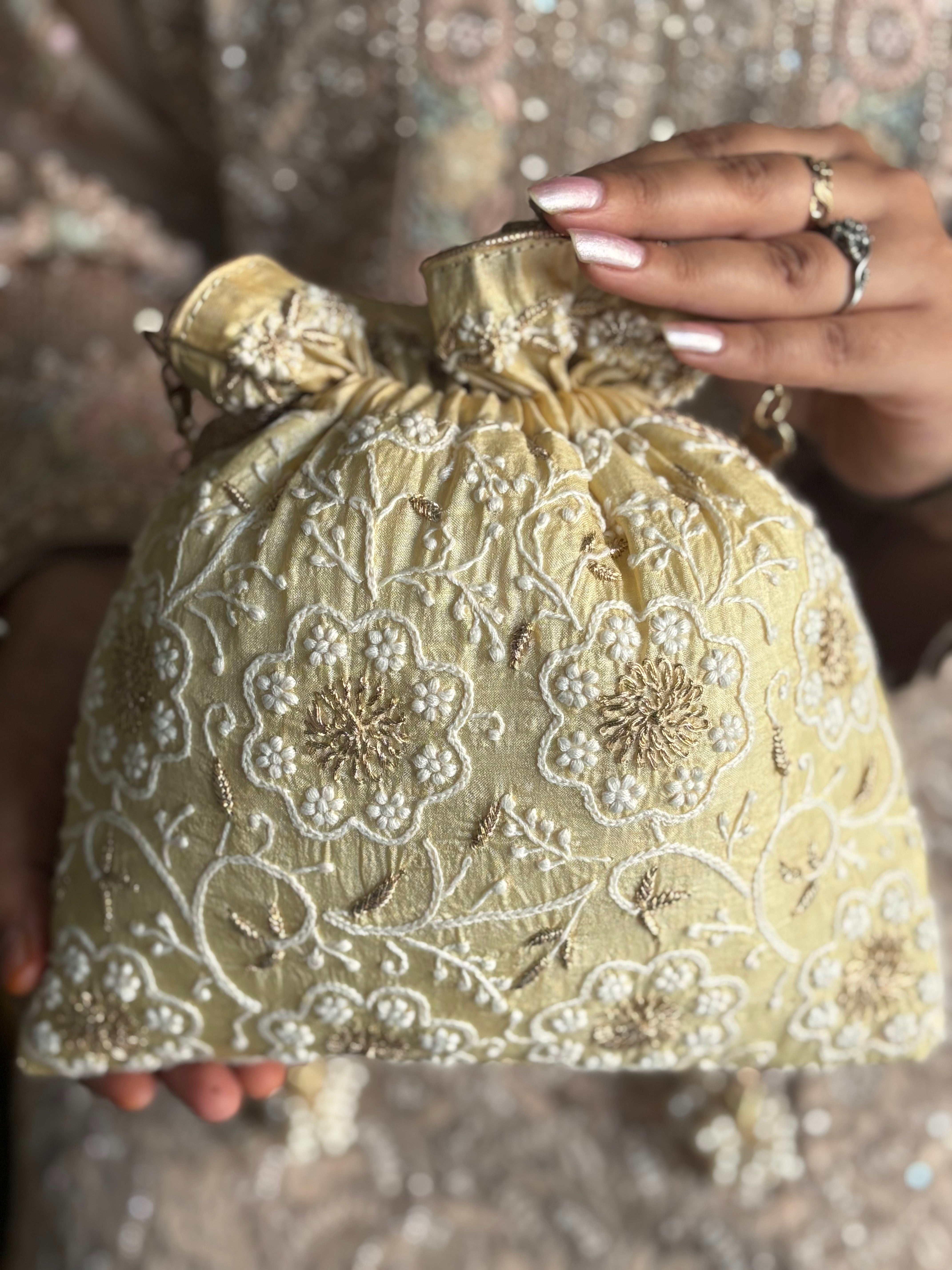 Lemon Yellow Chikankari Silk  Potli